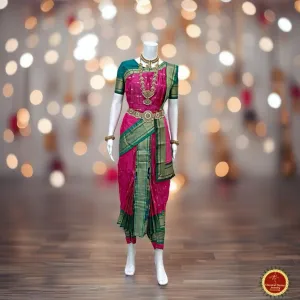 PINK GREEN 40 inchs Pant Length Kuchipudi Indian GOLD Zari Dance Costume | Paithani Art silk Dharmavaram Kanchi | Classical Dance Jewelry