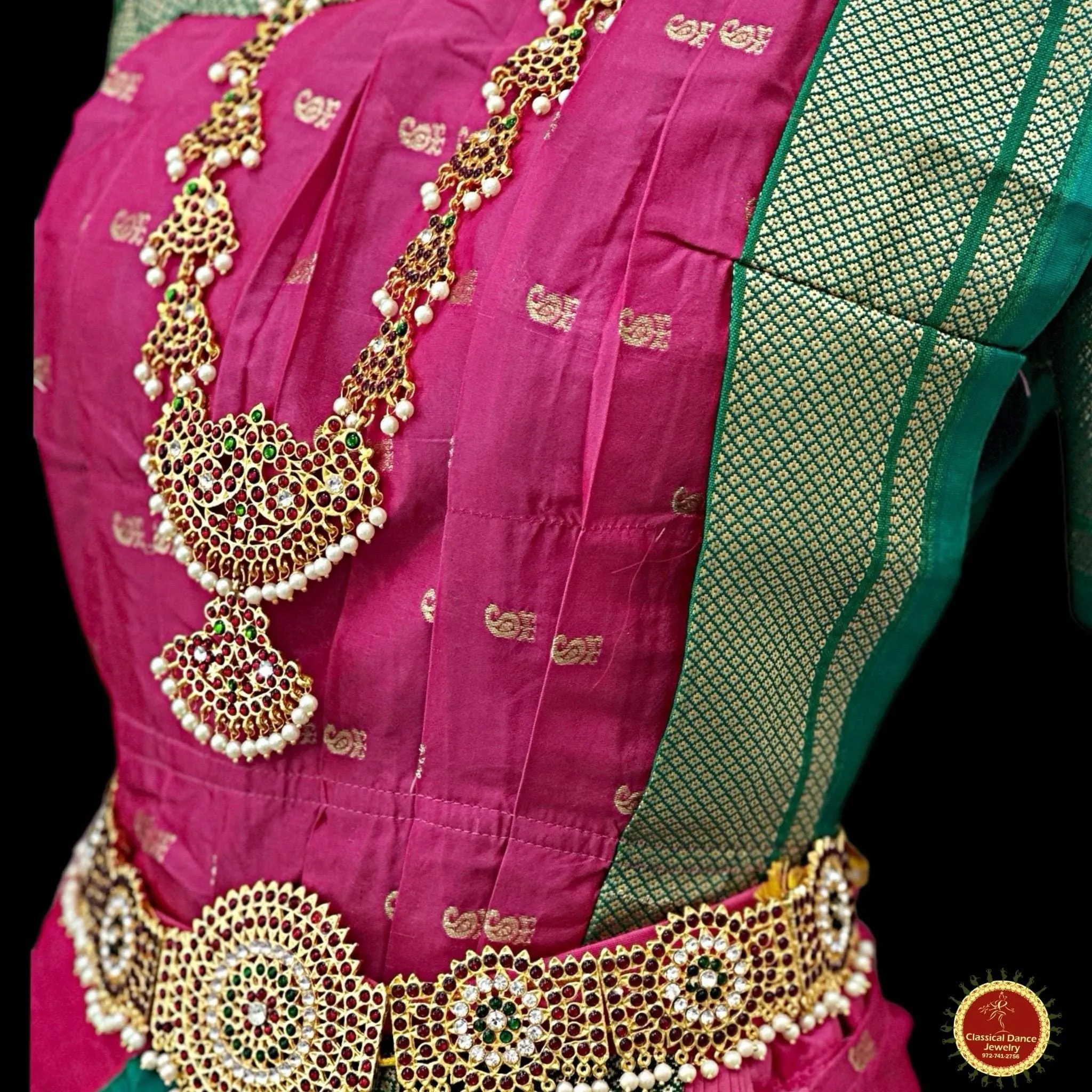 PINK GREEN 40 inchs Pant Length Kuchipudi Indian GOLD Zari Dance Costume | Paithani Art silk Dharmavaram Kanchi | Classical Dance Jewelry