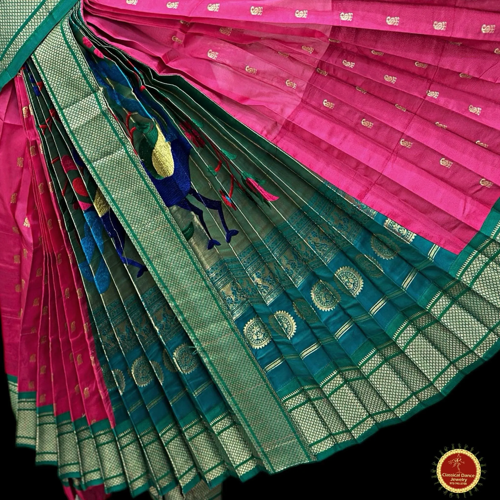 PINK GREEN 40 inchs Pant Length Kuchipudi Indian GOLD Zari Dance Costume | Paithani Art silk Dharmavaram Kanchi | Classical Dance Jewelry