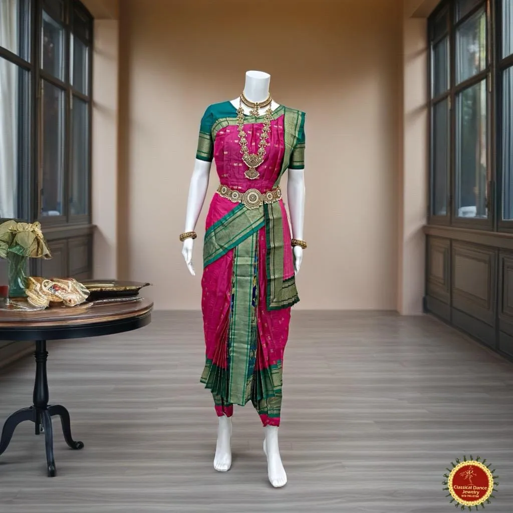 PINK GREEN 40 inchs Pant Length Kuchipudi Indian GOLD Zari Dance Costume | Paithani Art silk Dharmavaram Kanchi | Classical Dance Jewelry