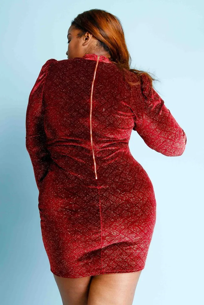 Plus Size Grid Soft Velvet Glittery Padded Shoulder Cocktail Dress