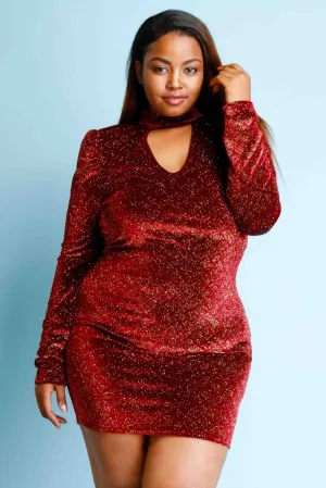 Plus Size Grid Soft Velvet Glittery Padded Shoulder Cocktail Dress