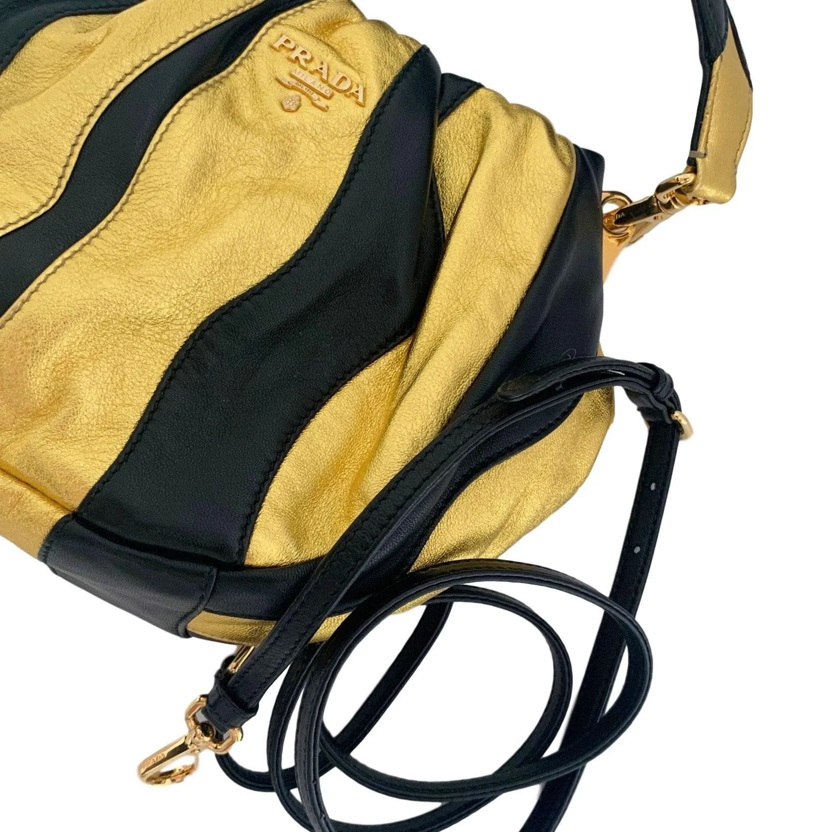 Prada Mini Black and Gold Leather Striped 2way Bag