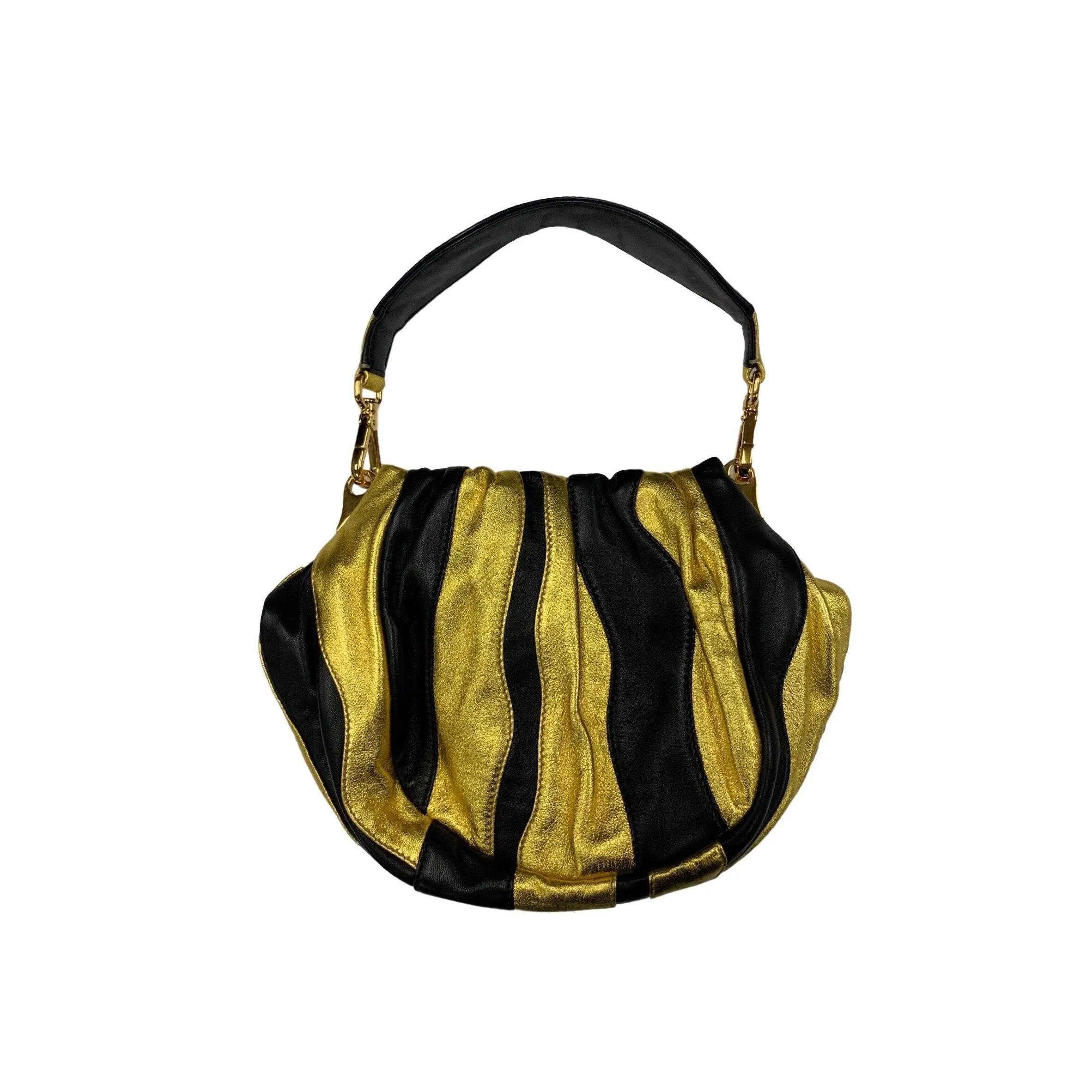 Prada Mini Black and Gold Leather Striped 2way Bag
