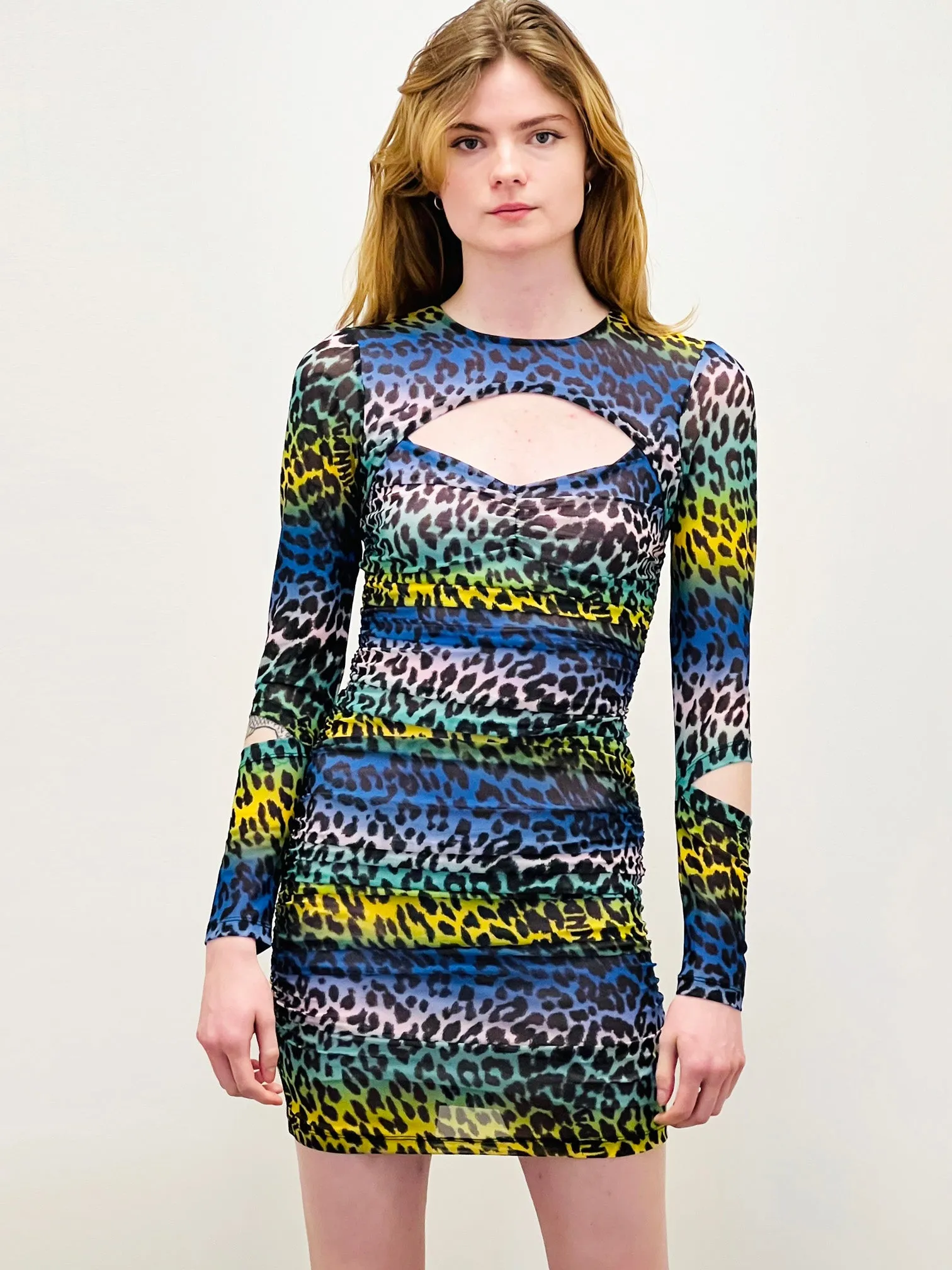 Printed Mesh Cutout Mini Dress | Multi Print
