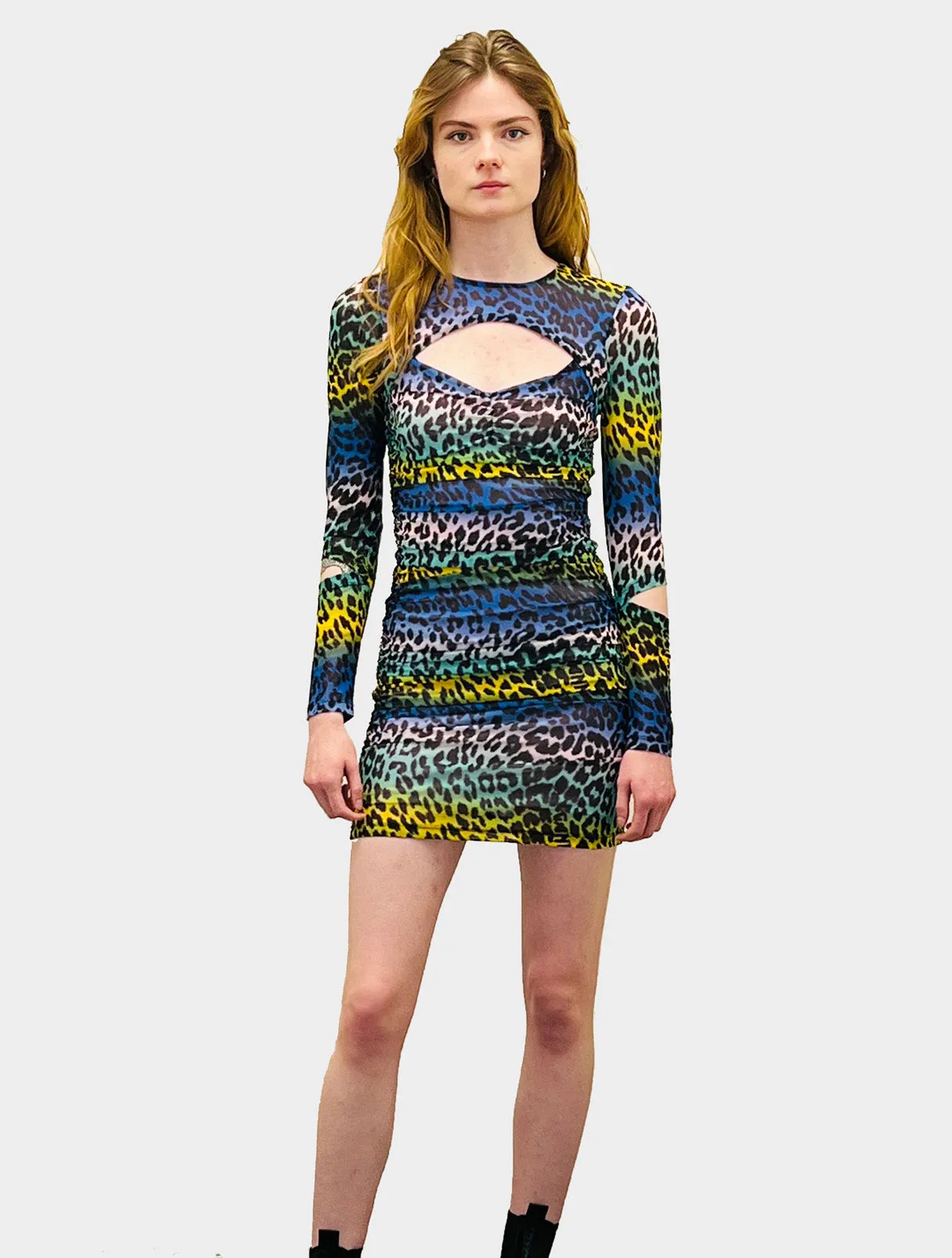 Printed Mesh Cutout Mini Dress | Multi Print