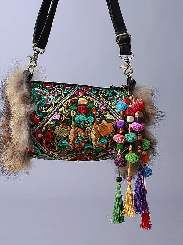 raccoon fur trim embroidered duffle bag