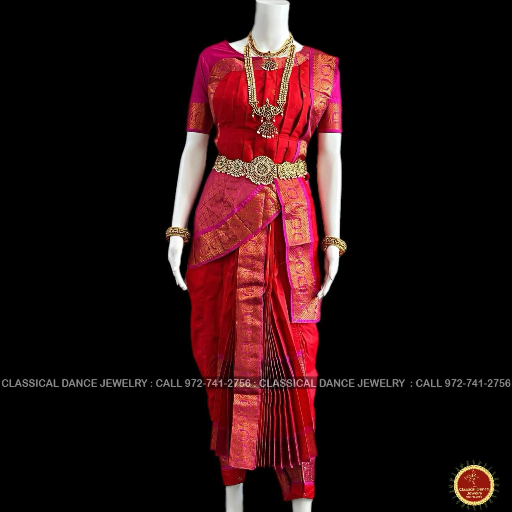 RED PINK 40 inchs Pant Length Kuchipudi Indian Copper Zari Dance Costume | Art silk Dharmavaram Kanchi | Classical Dance Jewelry