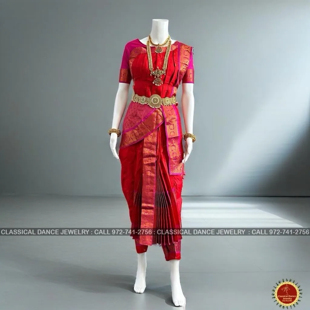 RED PINK 40 inchs Pant Length Kuchipudi Indian Copper Zari Dance Costume | Art silk Dharmavaram Kanchi | Classical Dance Jewelry