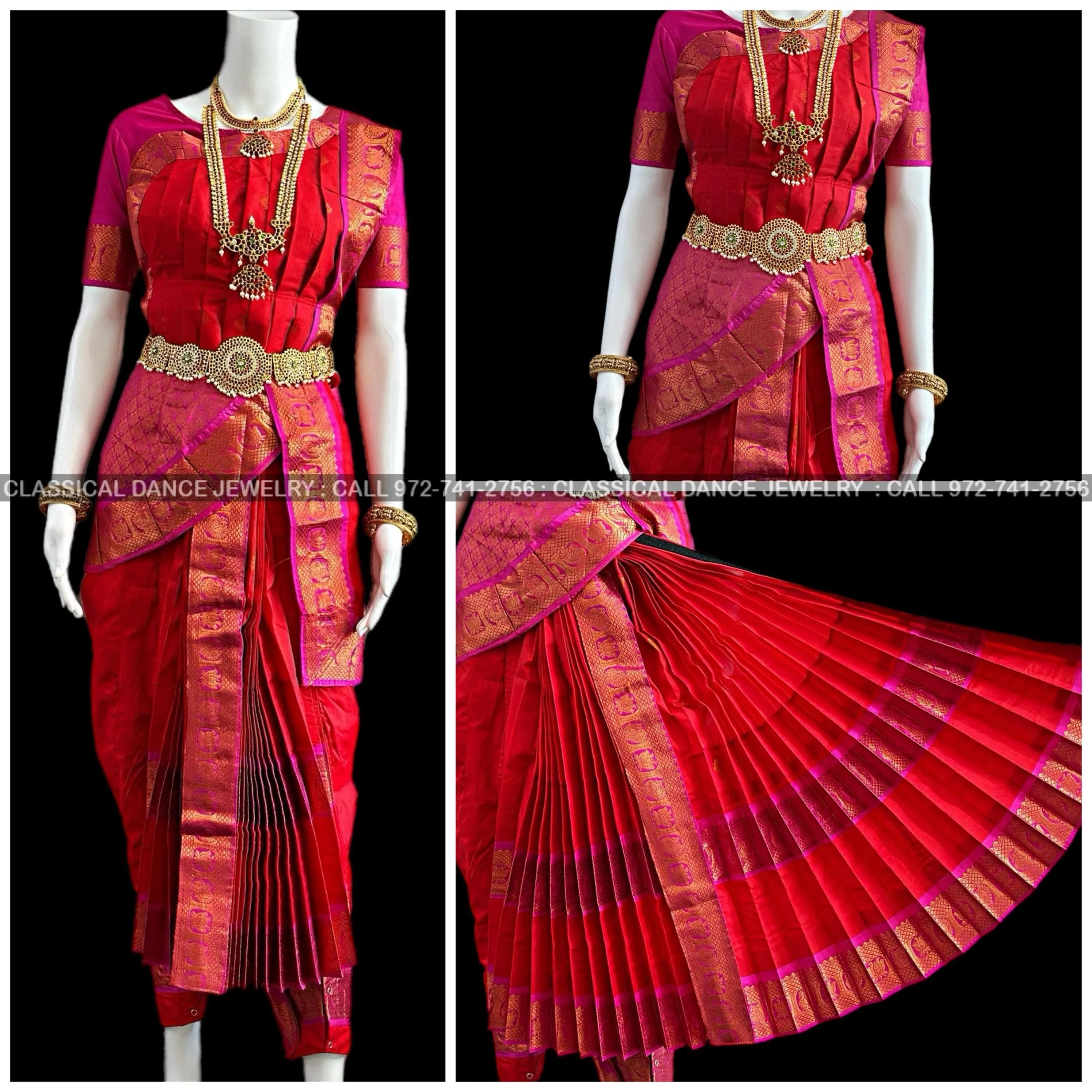 RED PINK 40 inchs Pant Length Kuchipudi Indian Copper Zari Dance Costume | Art silk Dharmavaram Kanchi | Classical Dance Jewelry