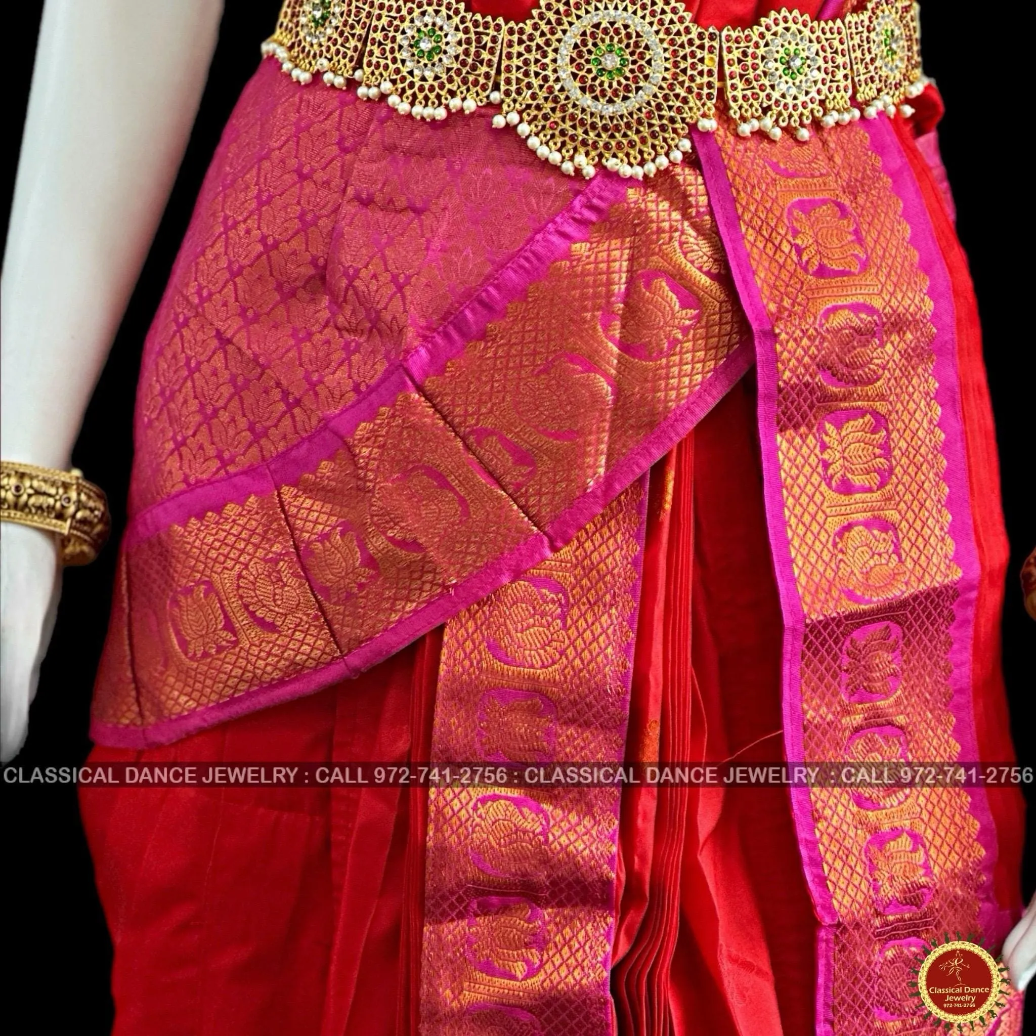 RED PINK 40 inchs Pant Length Kuchipudi Indian Copper Zari Dance Costume | Art silk Dharmavaram Kanchi | Classical Dance Jewelry