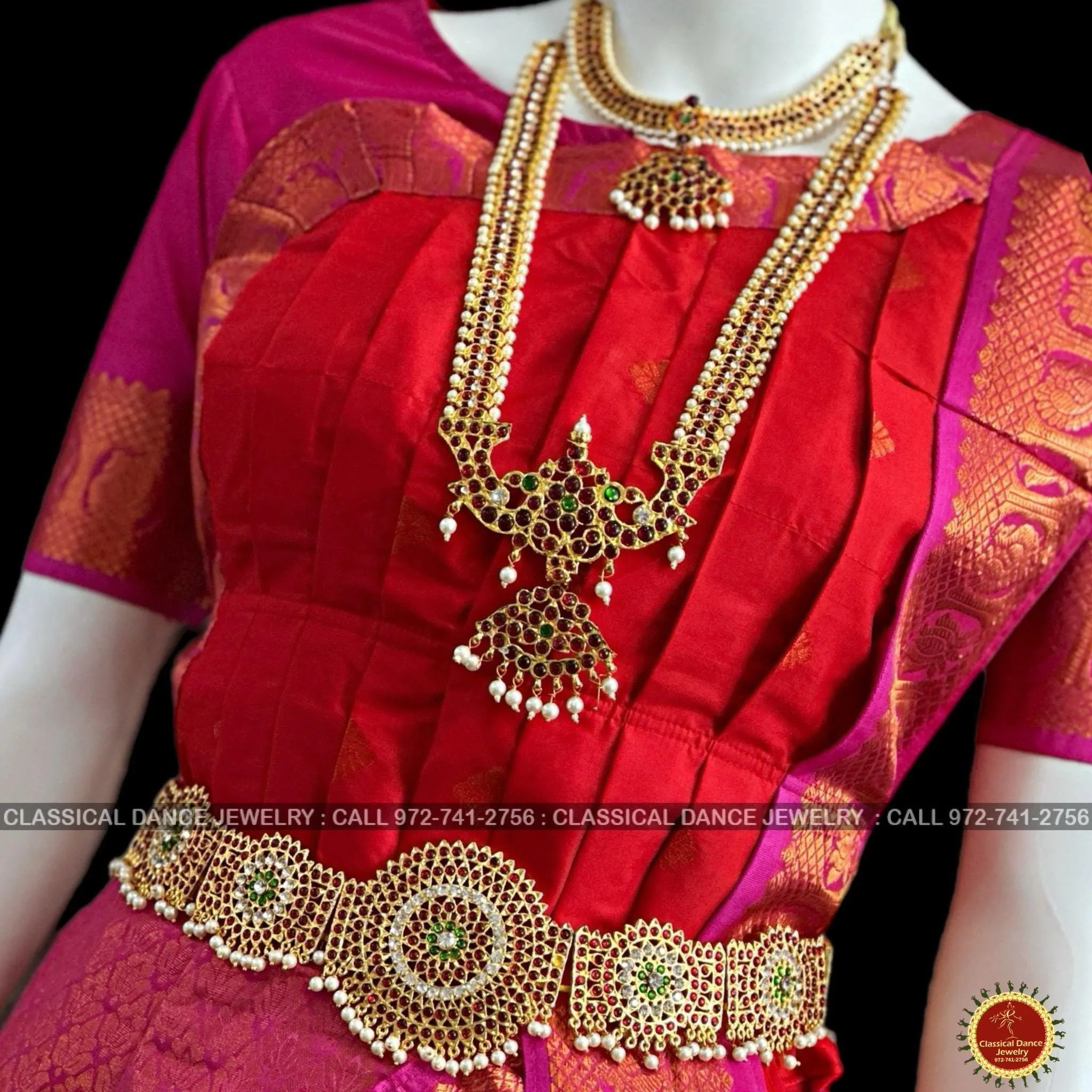 RED PINK 40 inchs Pant Length Kuchipudi Indian Copper Zari Dance Costume | Art silk Dharmavaram Kanchi | Classical Dance Jewelry