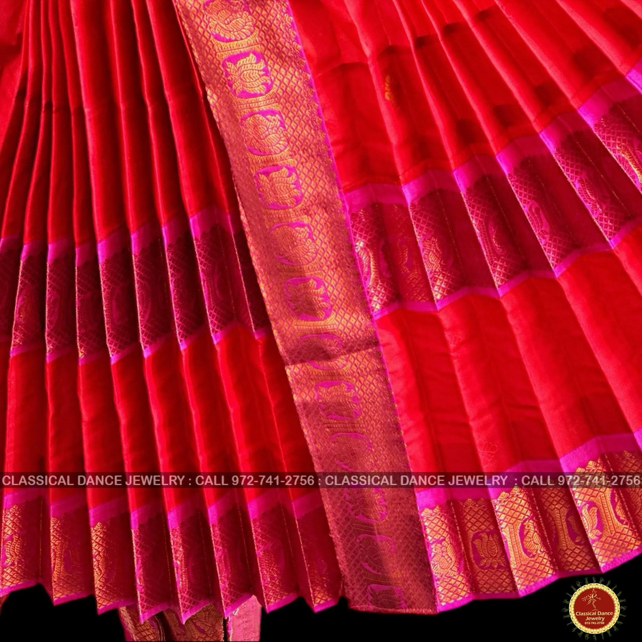 RED PINK 40 inchs Pant Length Kuchipudi Indian Copper Zari Dance Costume | Art silk Dharmavaram Kanchi | Classical Dance Jewelry