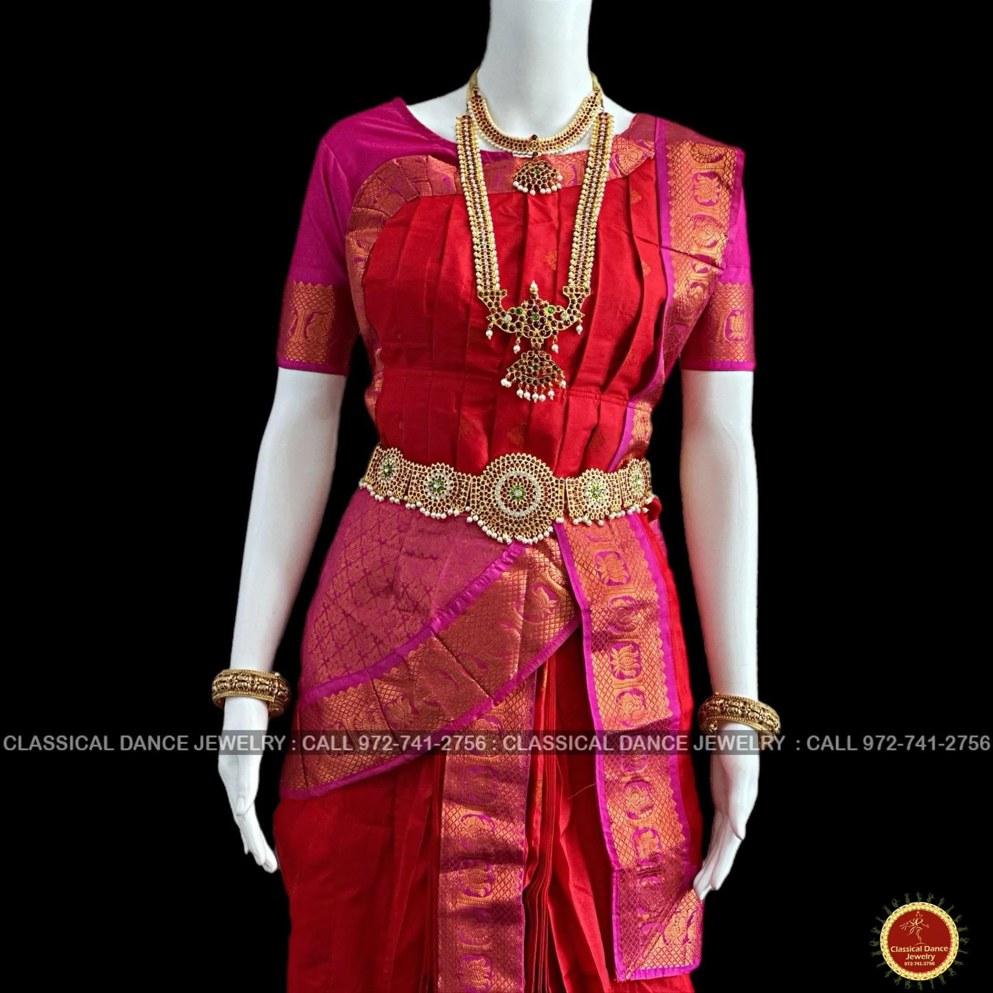RED PINK 40 inchs Pant Length Kuchipudi Indian Copper Zari Dance Costume | Art silk Dharmavaram Kanchi | Classical Dance Jewelry