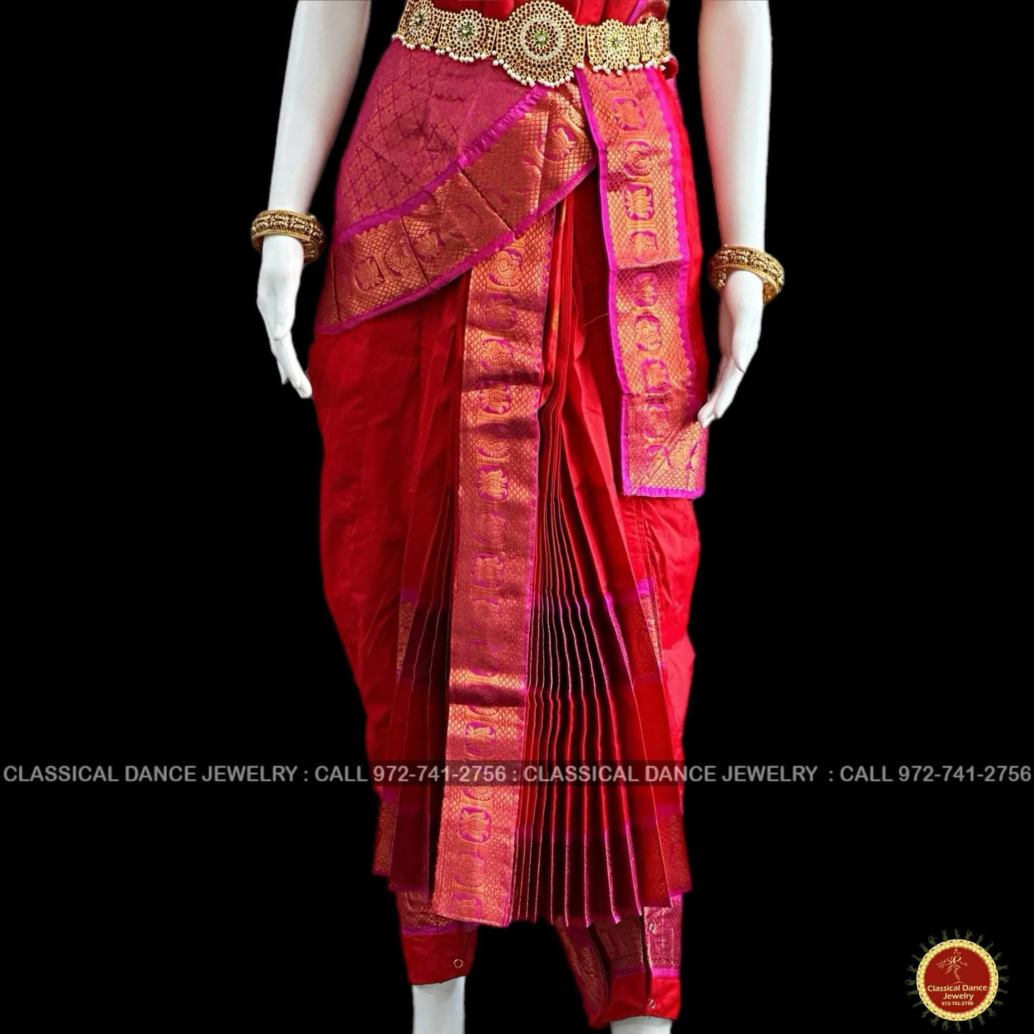 RED PINK 40 inchs Pant Length Kuchipudi Indian Copper Zari Dance Costume | Art silk Dharmavaram Kanchi | Classical Dance Jewelry