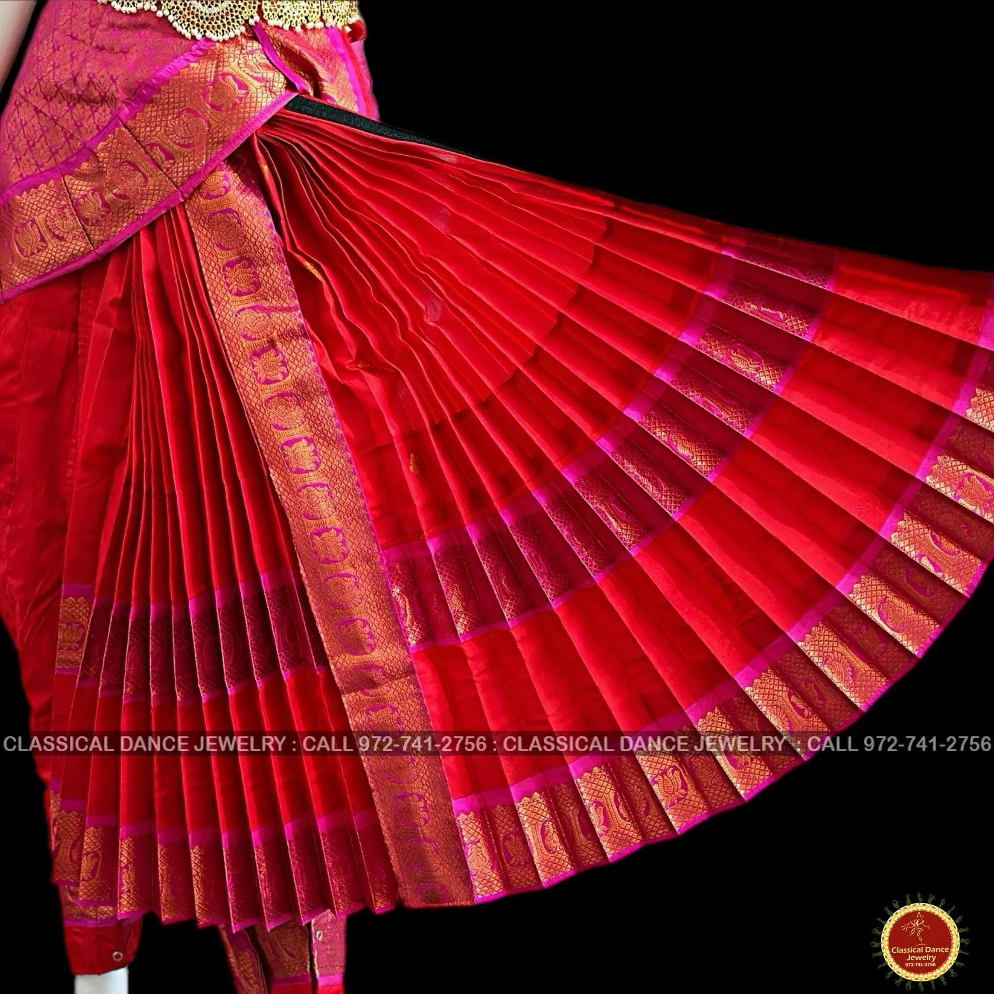 RED PINK 40 inchs Pant Length Kuchipudi Indian Copper Zari Dance Costume | Art silk Dharmavaram Kanchi | Classical Dance Jewelry