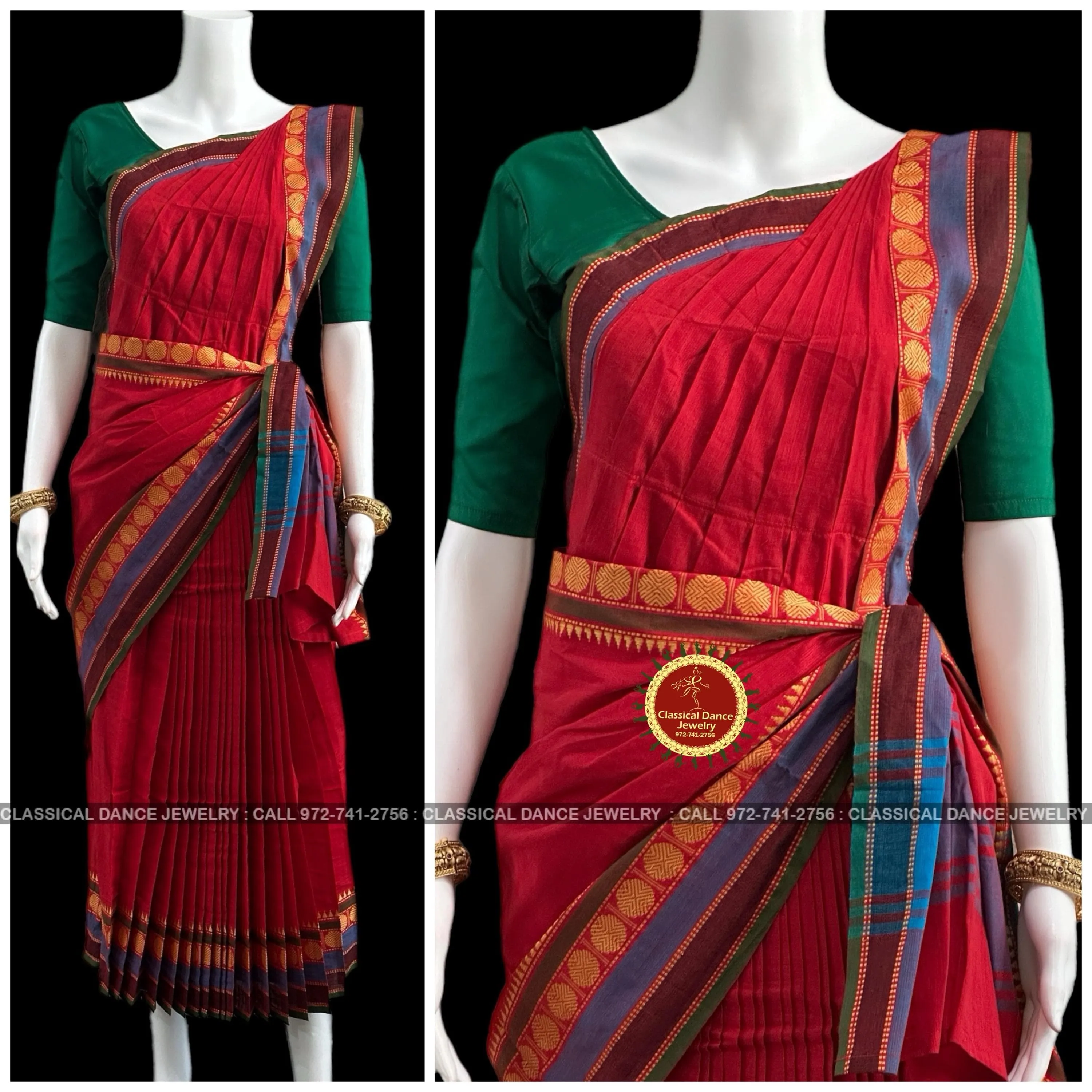 RED Pre-stitched Practice Sari GREEN Blouse | Half Saree Kalakshethra Sari | Bharatnatyam Kuchipudi Folk | Classical Dance Jewelry