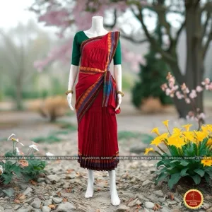 RED Pre-stitched Practice Sari GREEN Blouse | Half Saree Kalakshethra Sari | Bharatnatyam Kuchipudi Folk | Classical Dance Jewelry