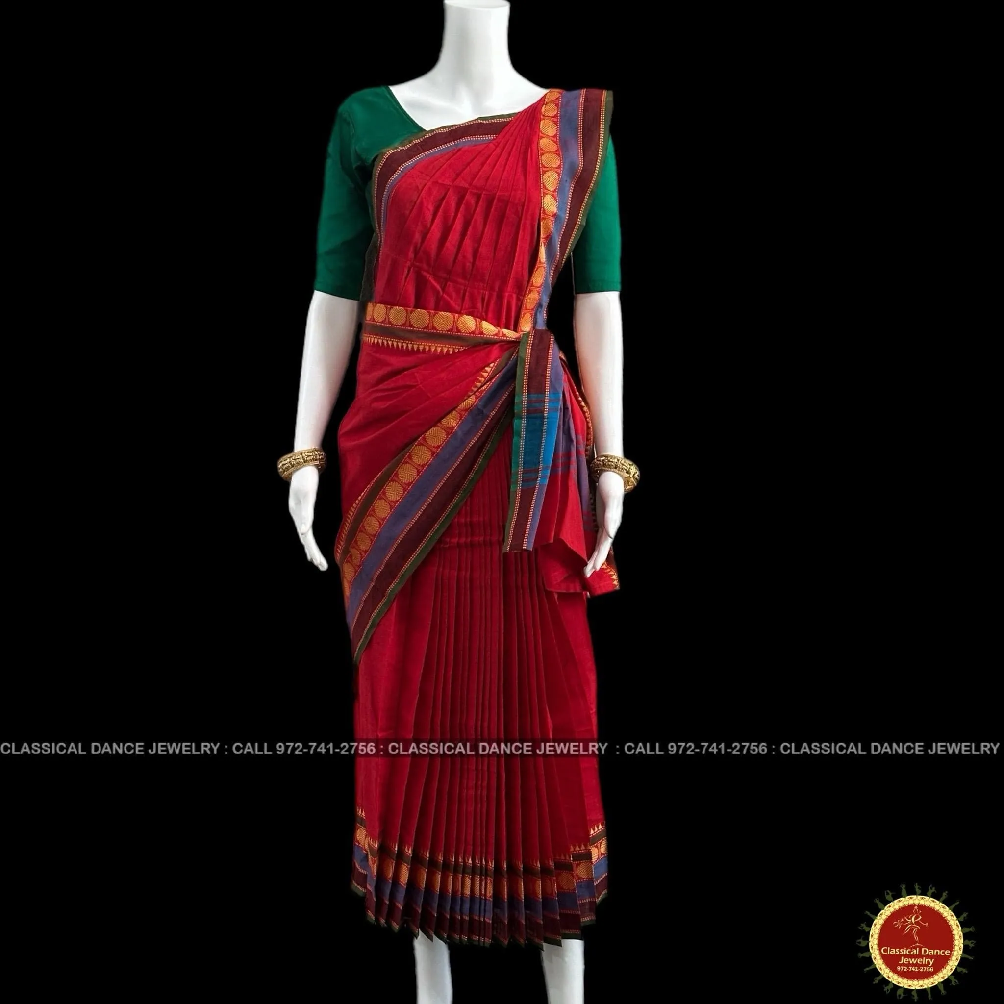 RED Pre-stitched Practice Sari GREEN Blouse | Half Saree Kalakshethra Sari | Bharatnatyam Kuchipudi Folk | Classical Dance Jewelry
