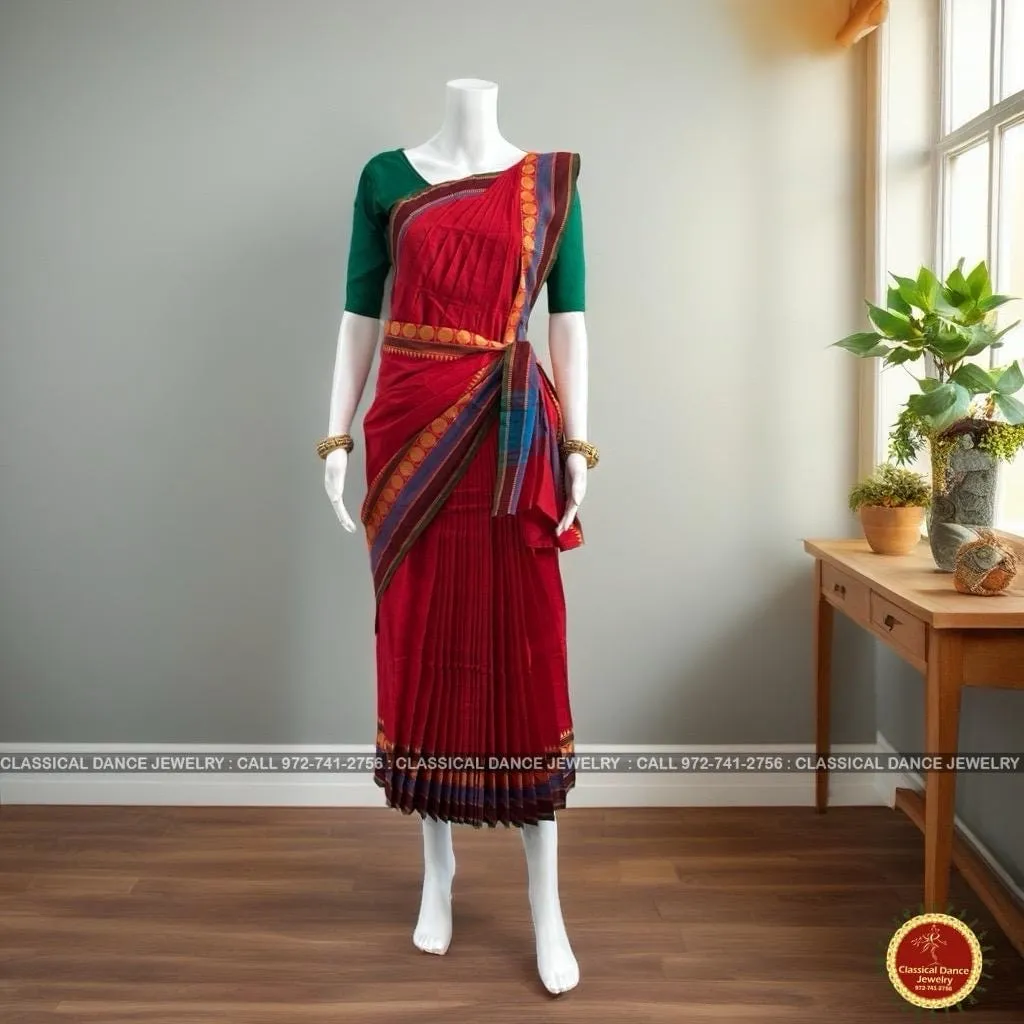 RED Pre-stitched Practice Sari GREEN Blouse | Half Saree Kalakshethra Sari | Bharatnatyam Kuchipudi Folk | Classical Dance Jewelry