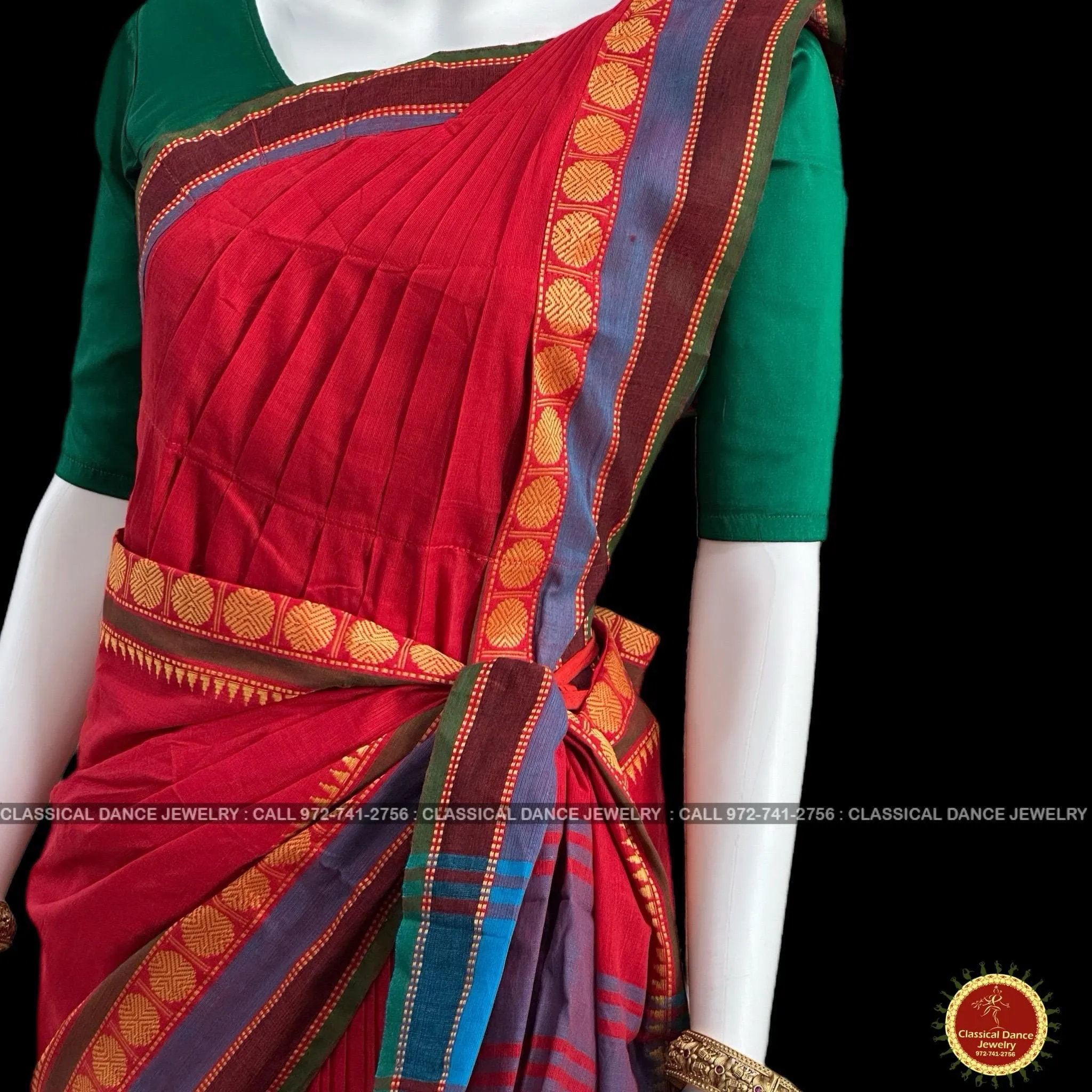 RED Pre-stitched Practice Sari GREEN Blouse | Half Saree Kalakshethra Sari | Bharatnatyam Kuchipudi Folk | Classical Dance Jewelry