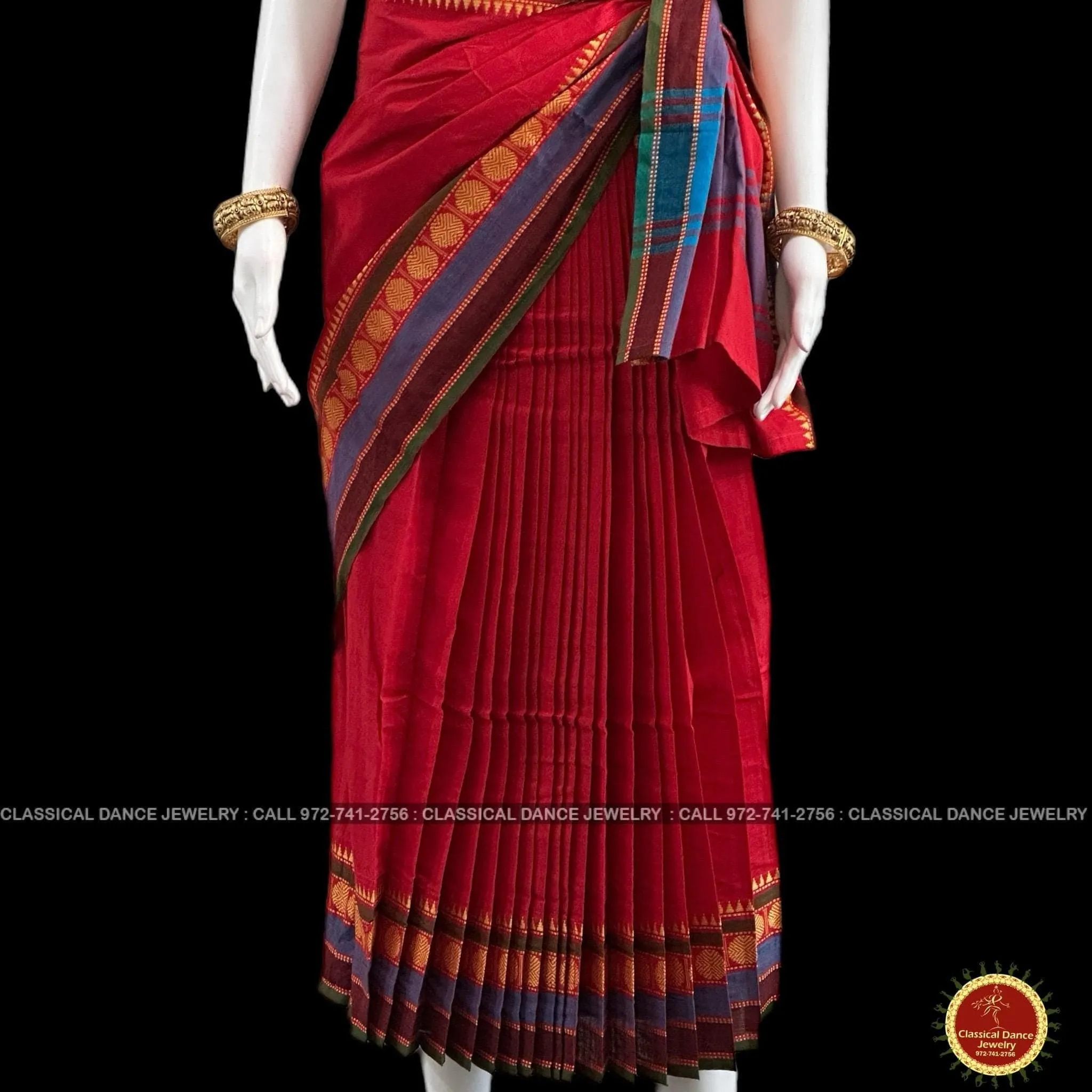 RED Pre-stitched Practice Sari GREEN Blouse | Half Saree Kalakshethra Sari | Bharatnatyam Kuchipudi Folk | Classical Dance Jewelry