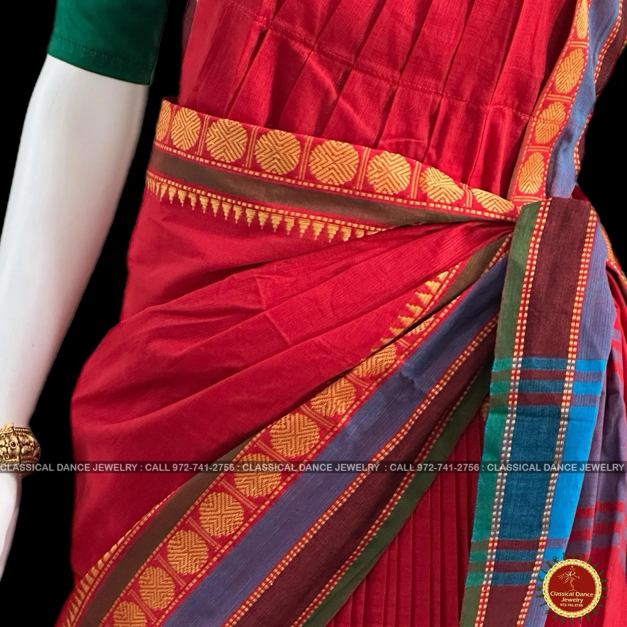 RED Pre-stitched Practice Sari GREEN Blouse | Half Saree Kalakshethra Sari | Bharatnatyam Kuchipudi Folk | Classical Dance Jewelry