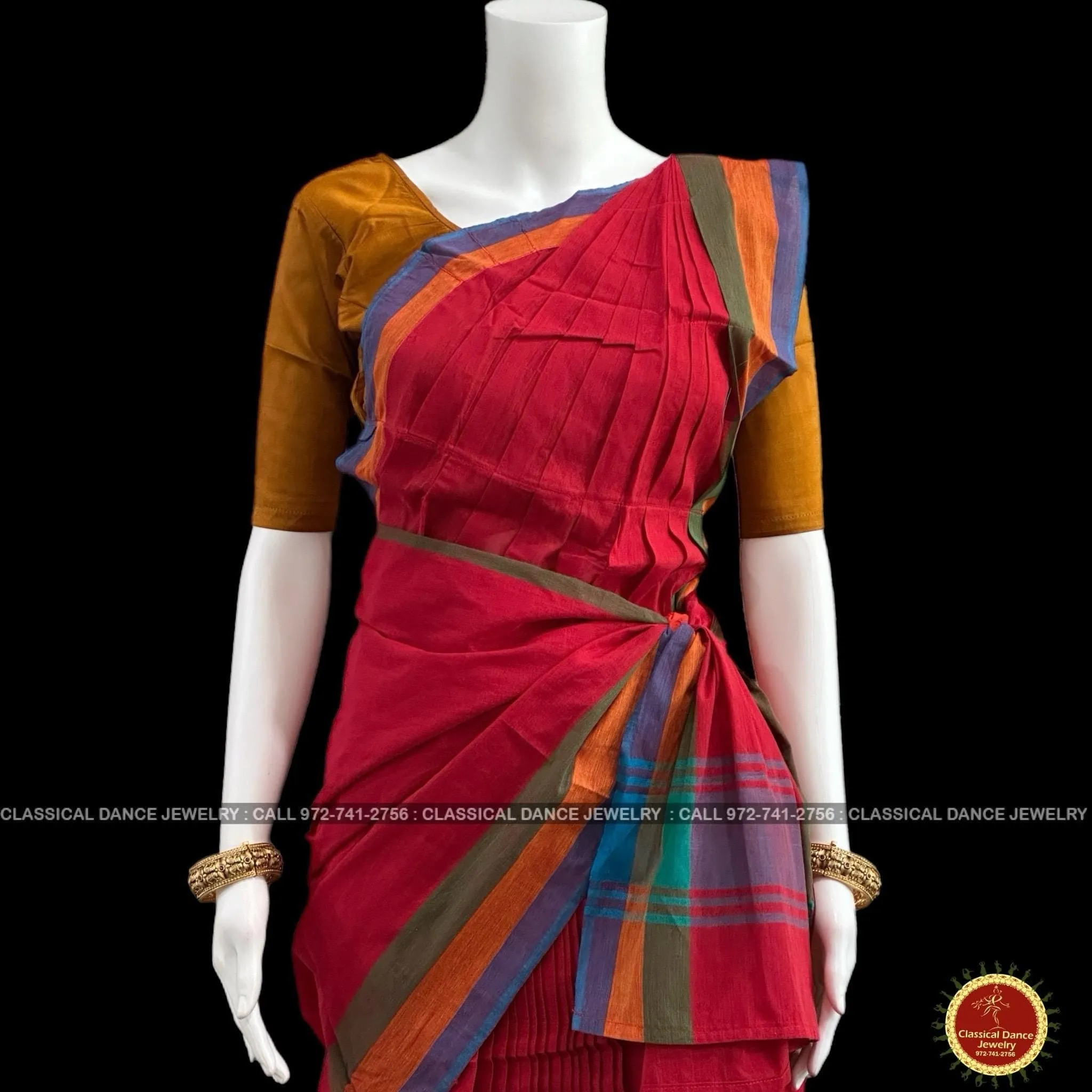 RED Pre-stitched Practice Sari MUSTARD GOLD Blouse | Half Saree Kalakshethra Sari | Bharatnatyam Kuchipudi Folk | Classical Dance Jewelry