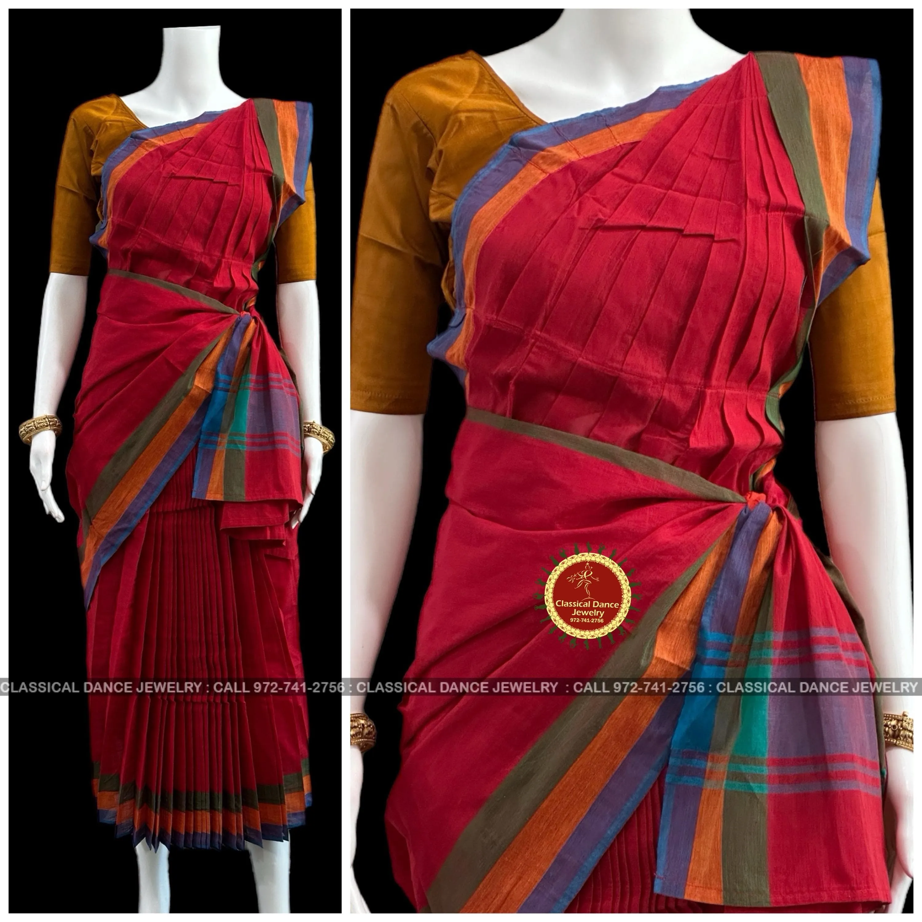 RED Pre-stitched Practice Sari MUSTARD GOLD Blouse | Half Saree Kalakshethra Sari | Bharatnatyam Kuchipudi Folk | Classical Dance Jewelry