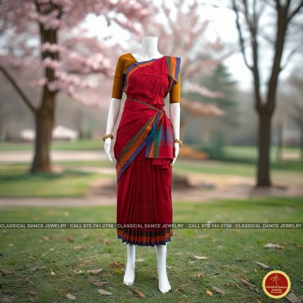 RED Pre-stitched Practice Sari MUSTARD GOLD Blouse | Half Saree Kalakshethra Sari | Bharatnatyam Kuchipudi Folk | Classical Dance Jewelry