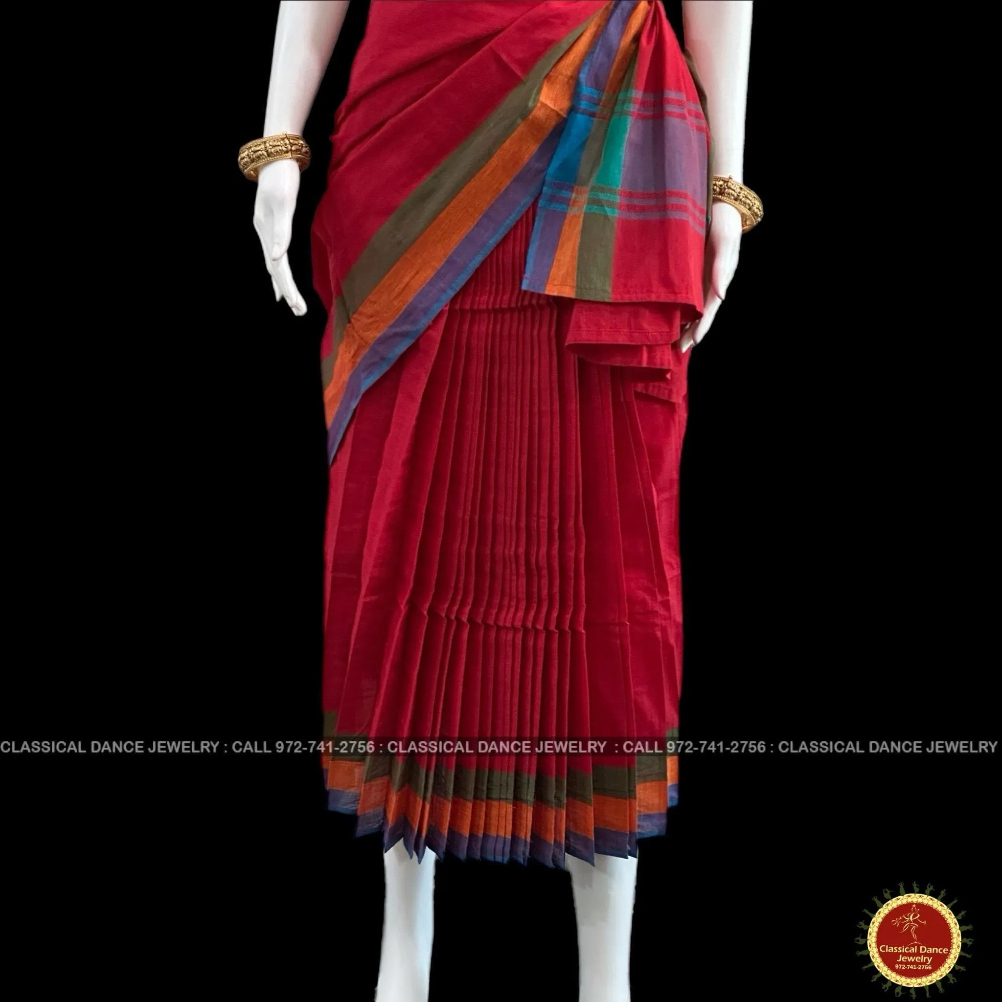 RED Pre-stitched Practice Sari MUSTARD GOLD Blouse | Half Saree Kalakshethra Sari | Bharatnatyam Kuchipudi Folk | Classical Dance Jewelry