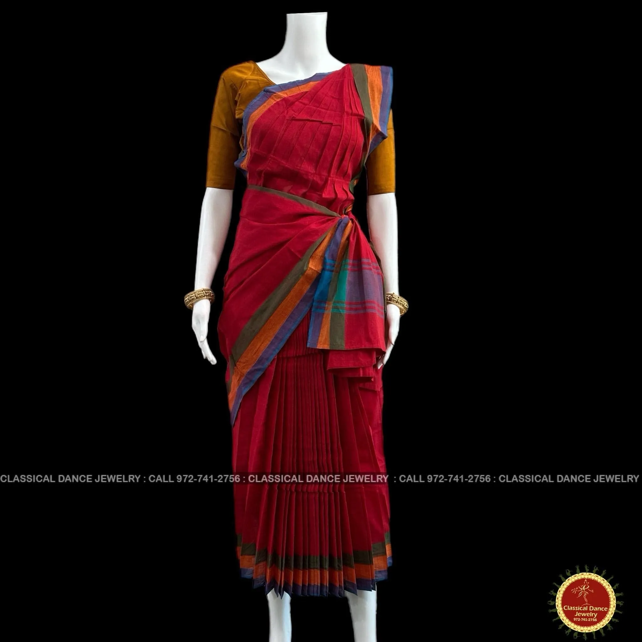 RED Pre-stitched Practice Sari MUSTARD GOLD Blouse | Half Saree Kalakshethra Sari | Bharatnatyam Kuchipudi Folk | Classical Dance Jewelry