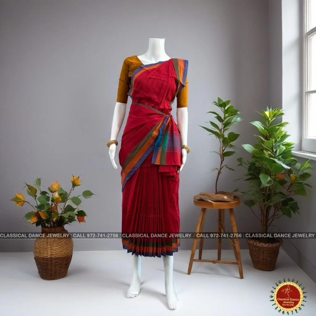 RED Pre-stitched Practice Sari MUSTARD GOLD Blouse | Half Saree Kalakshethra Sari | Bharatnatyam Kuchipudi Folk | Classical Dance Jewelry