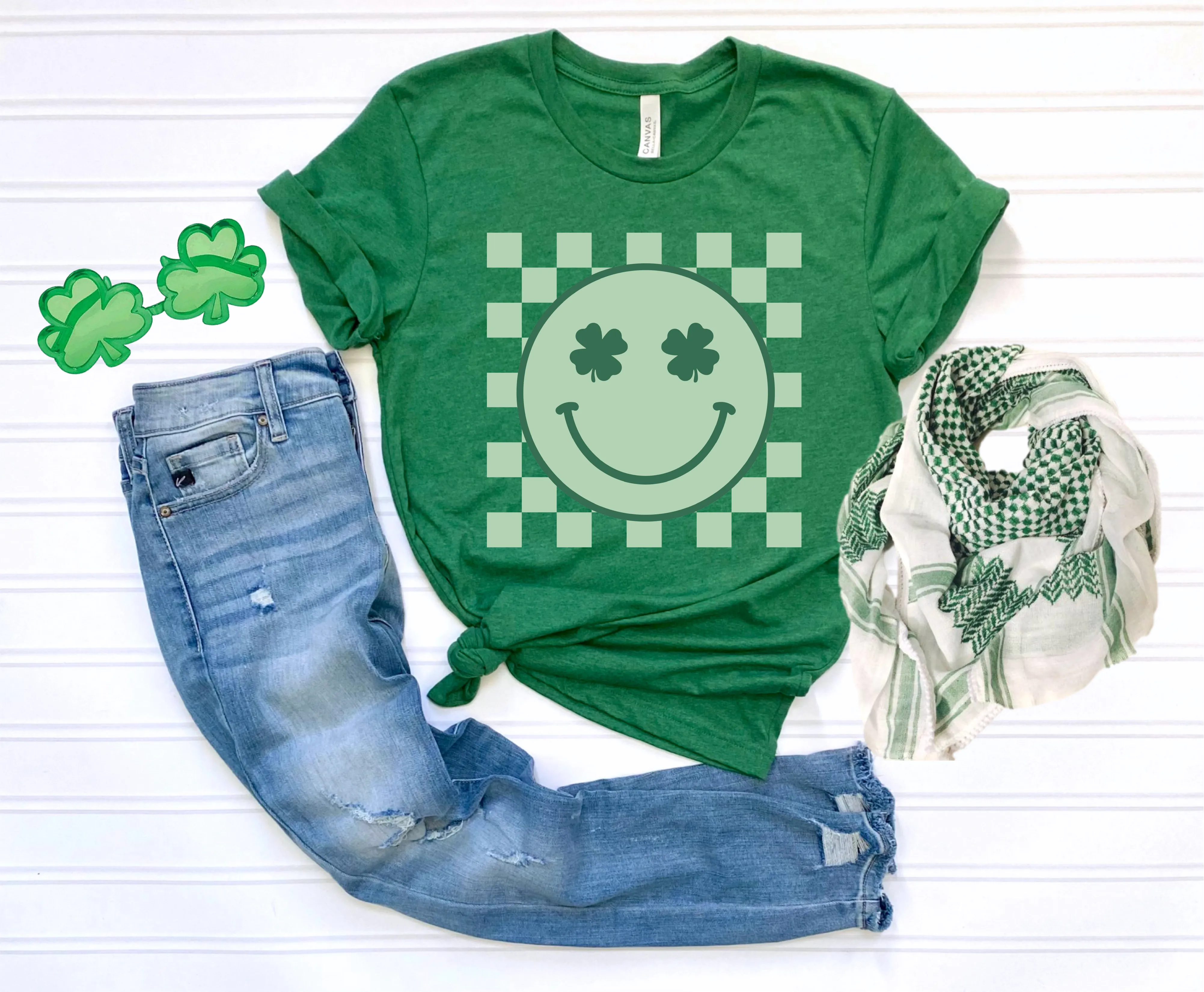Retro Shamrock Smiley Face Green Tee