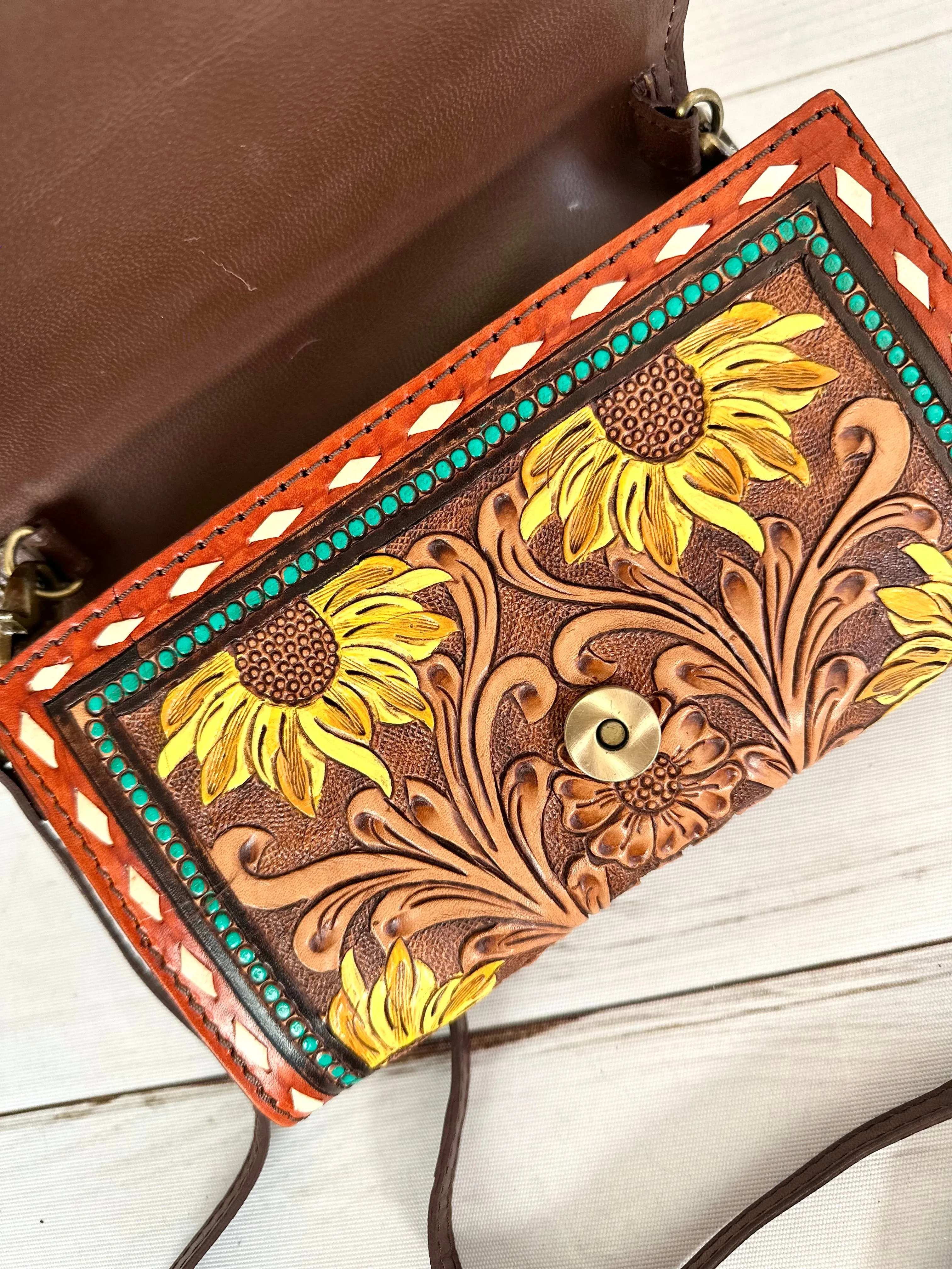 Rust and Turquoise Dotted Border Sunflower Tooled Wallet Carryall