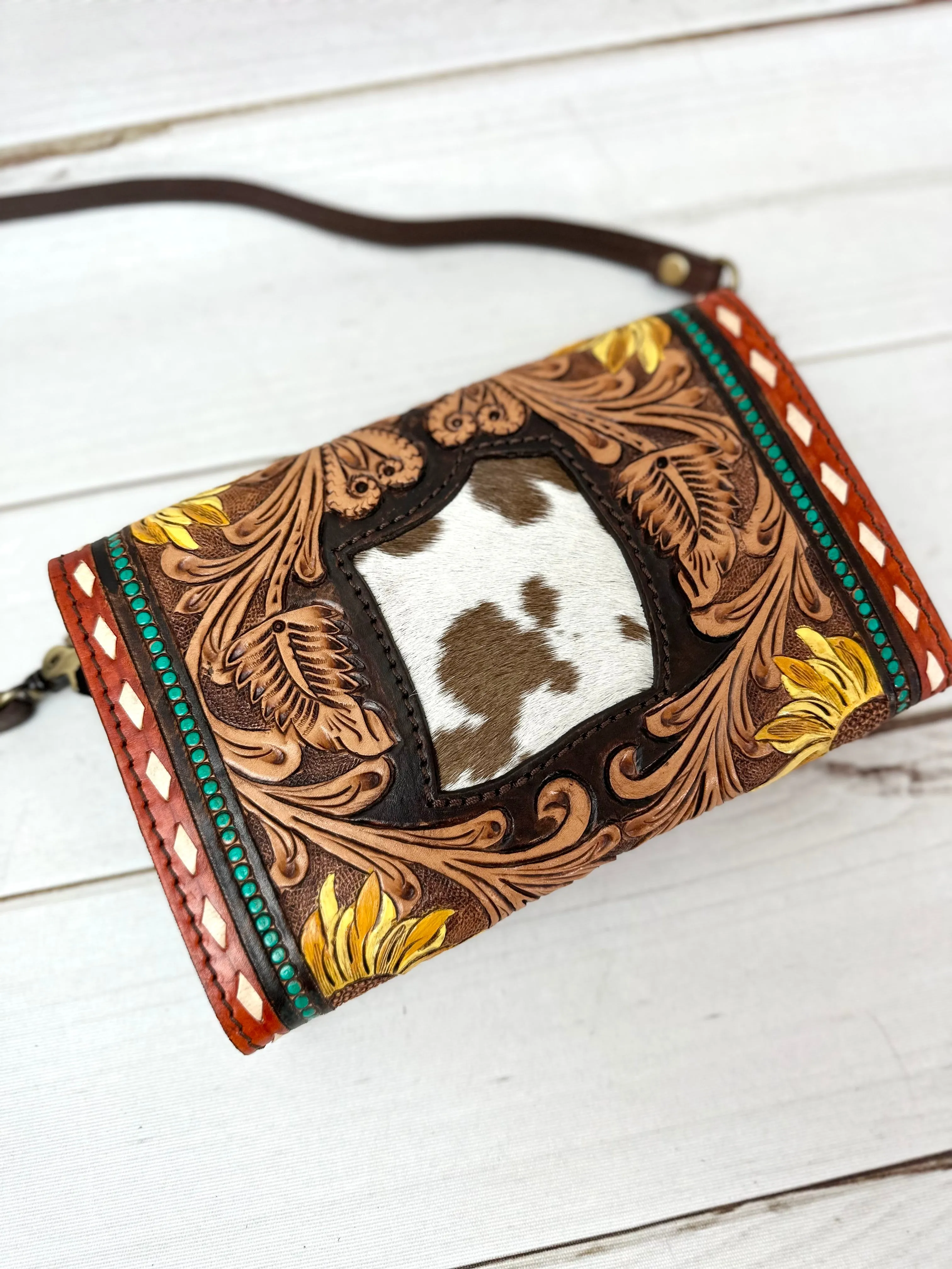 Rust and Turquoise Dotted Border Sunflower Tooled Wallet Carryall