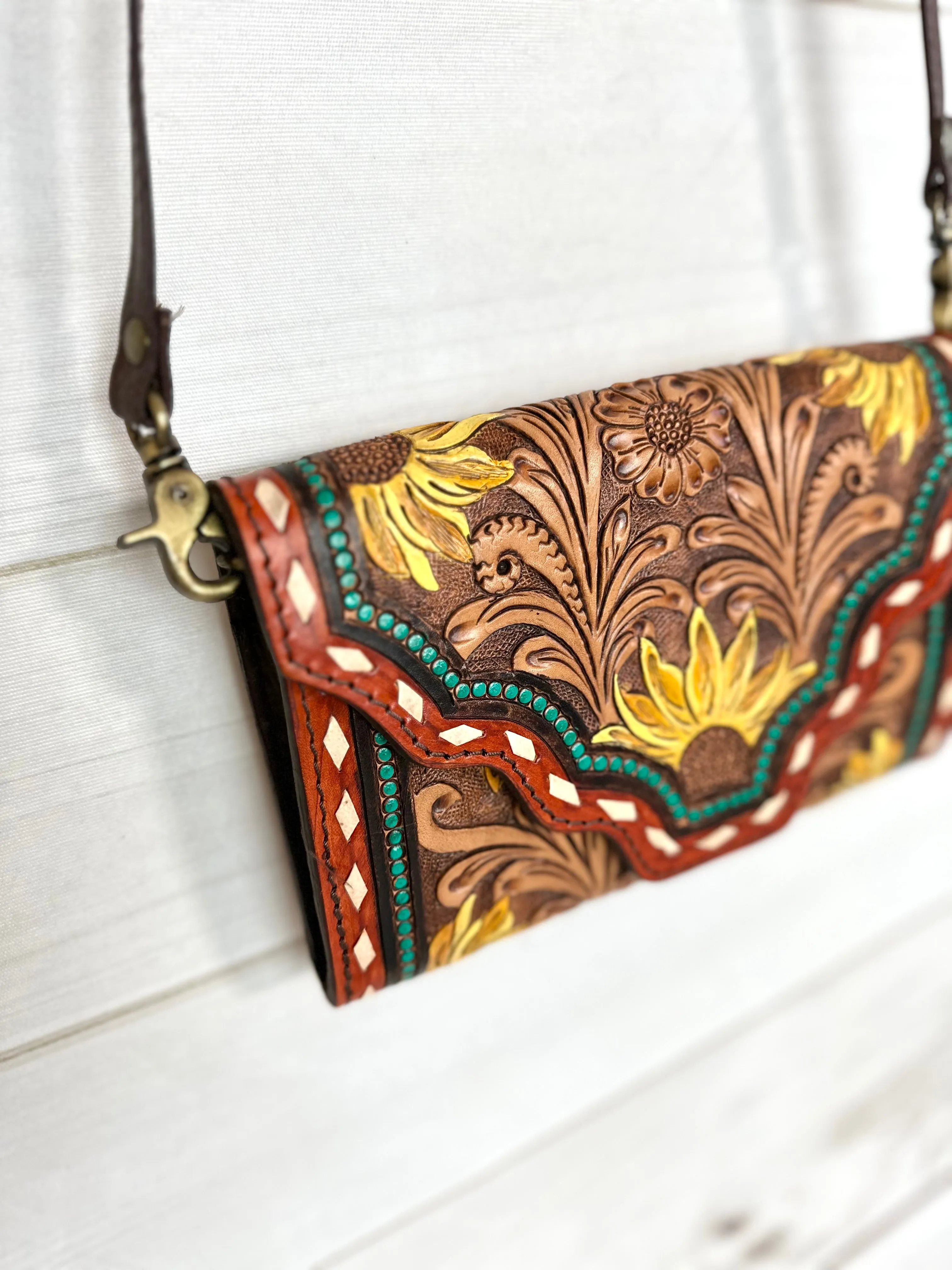 Rust and Turquoise Dotted Border Sunflower Tooled Wallet Carryall