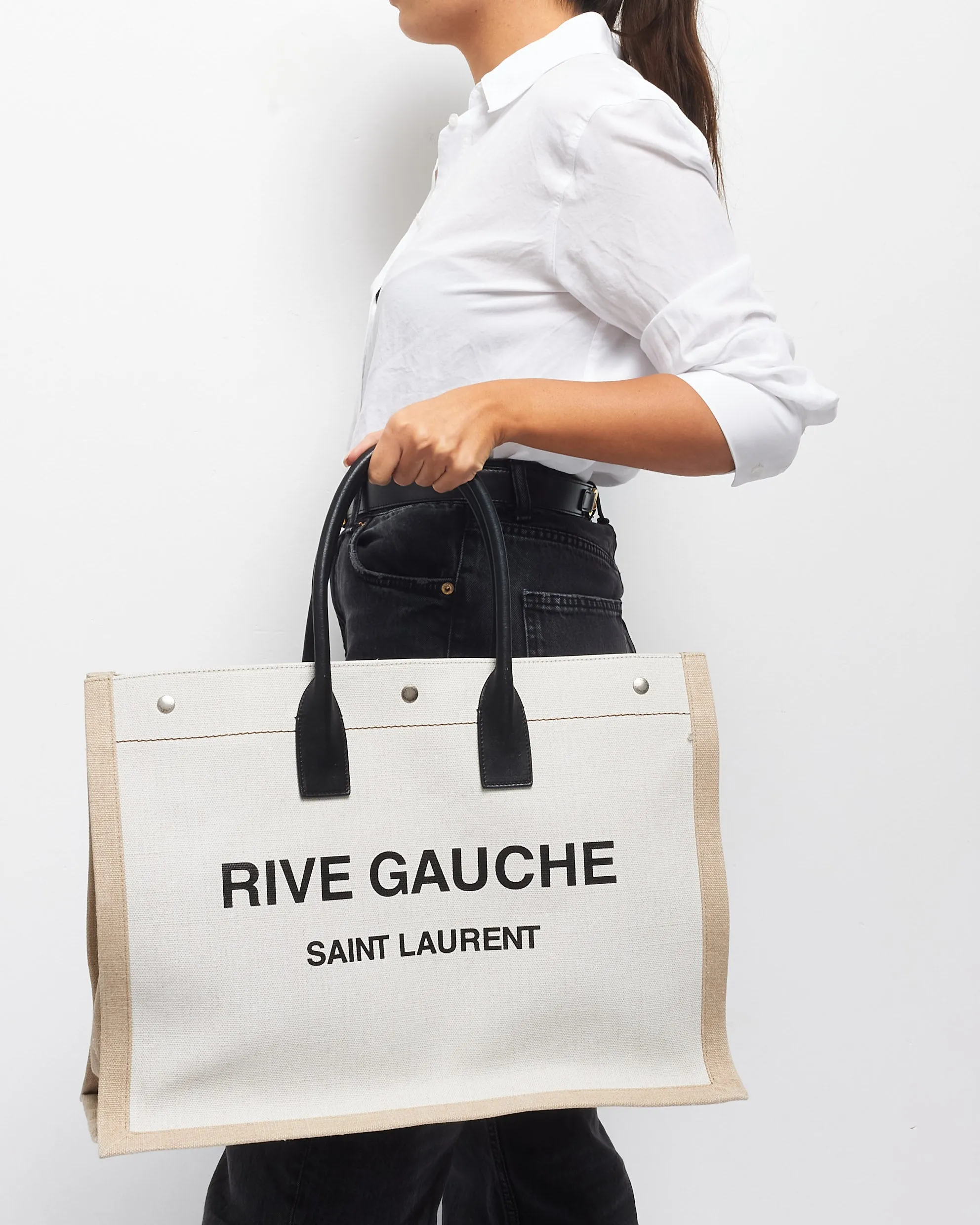 Saint Laurent Beige Canvas "Rive Gauche" Tote Bag