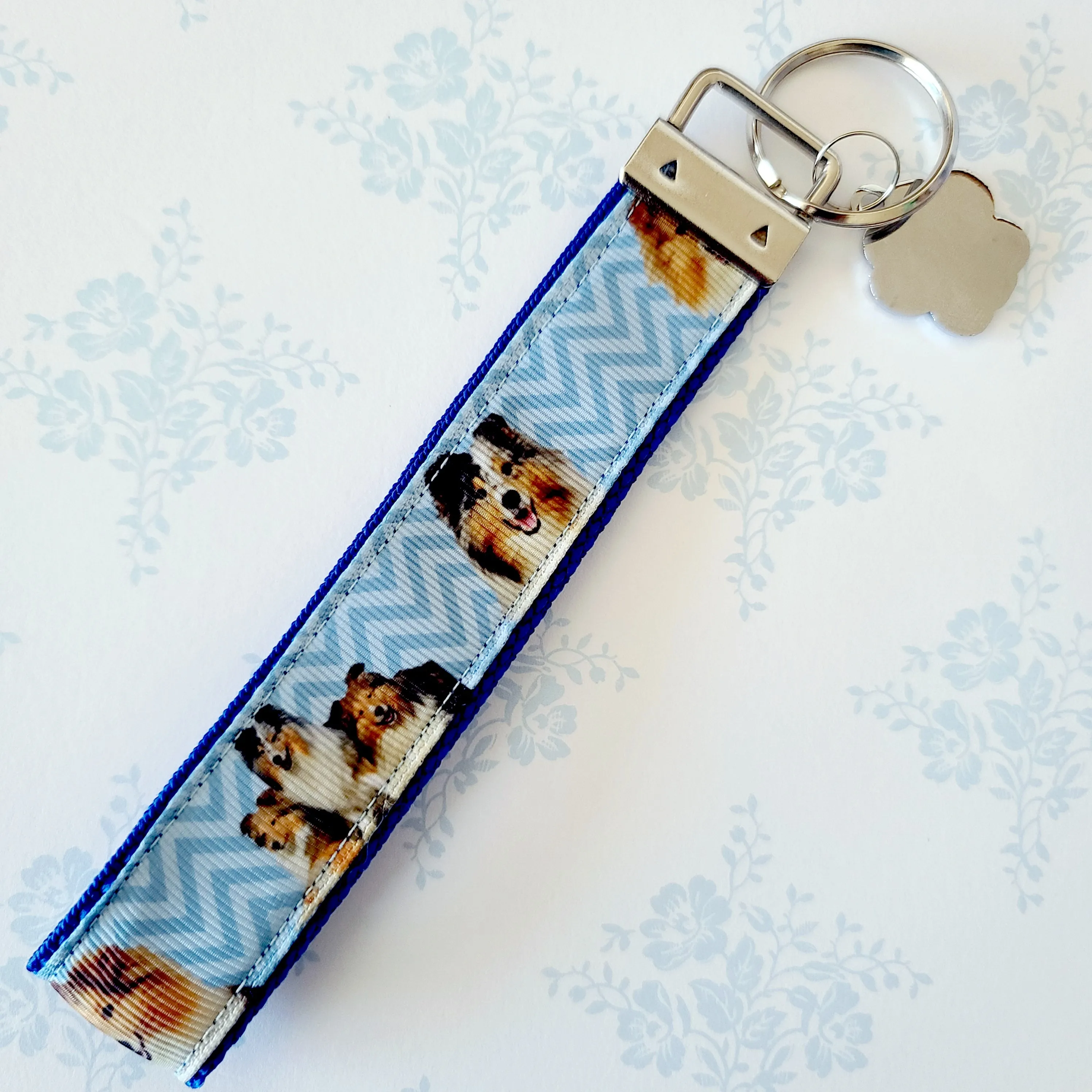 Sheltie Key Fob / Key Chain with Enameled Paw Print Charm