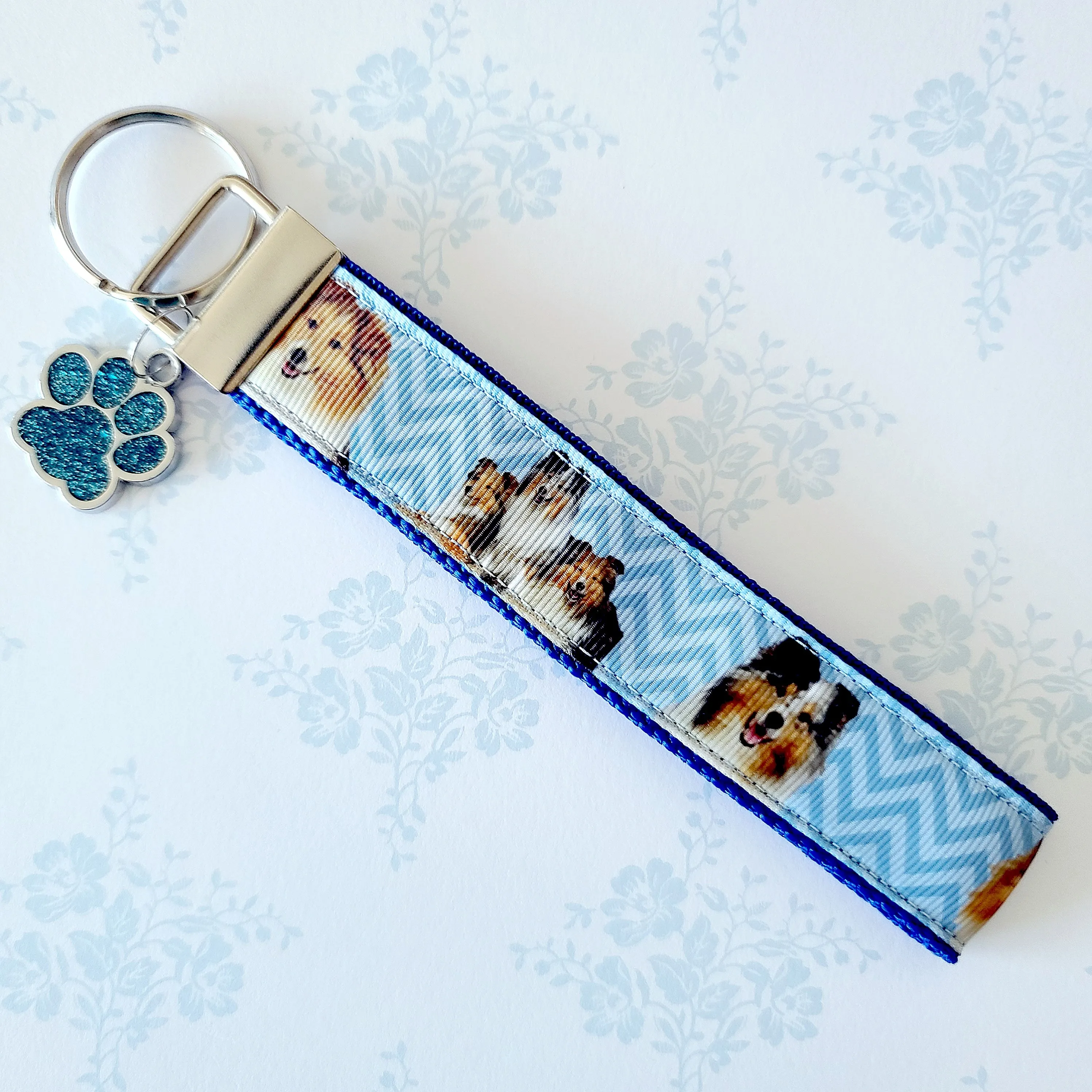 Sheltie Key Fob / Key Chain with Enameled Paw Print Charm