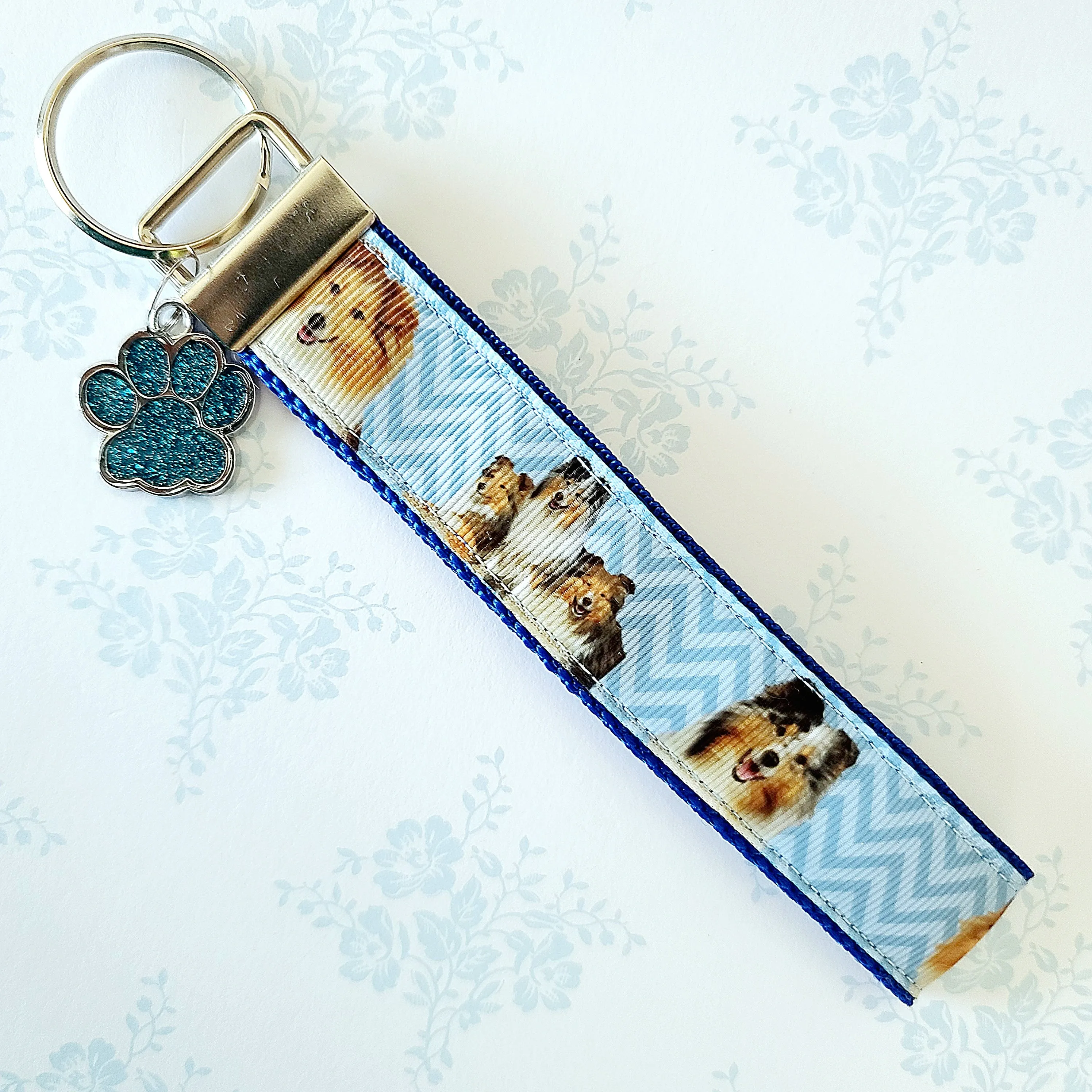 Sheltie Key Fob / Key Chain with Enameled Paw Print Charm
