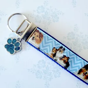 Sheltie Key Fob / Key Chain with Enameled Paw Print Charm