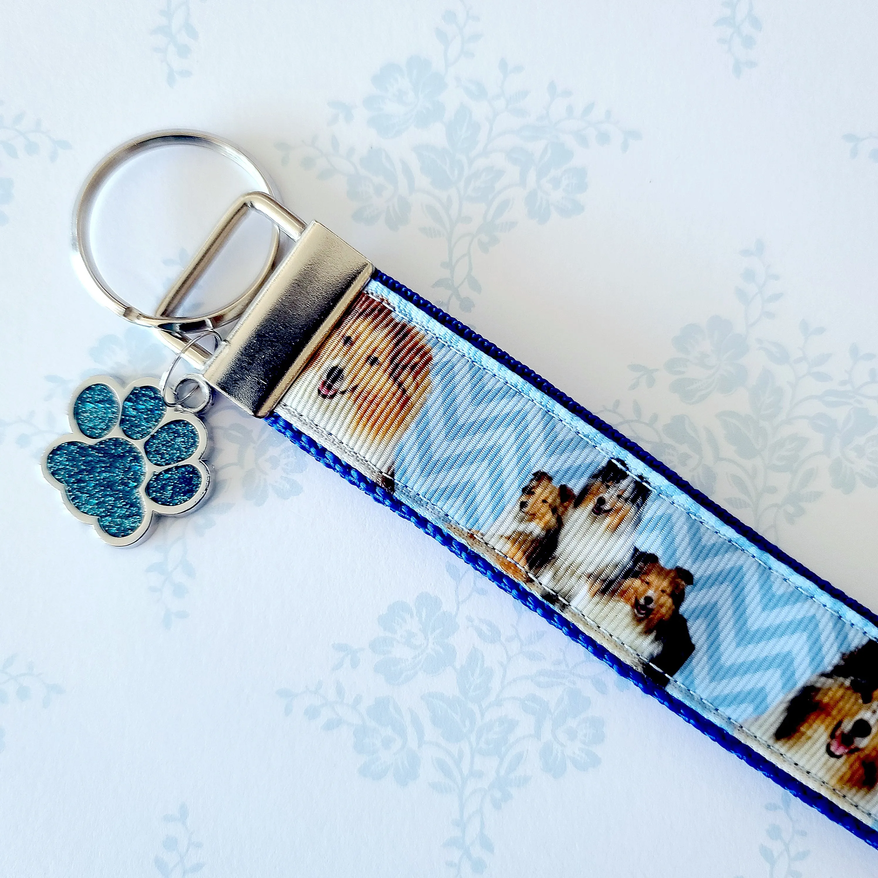 Sheltie Key Fob / Key Chain with Enameled Paw Print Charm