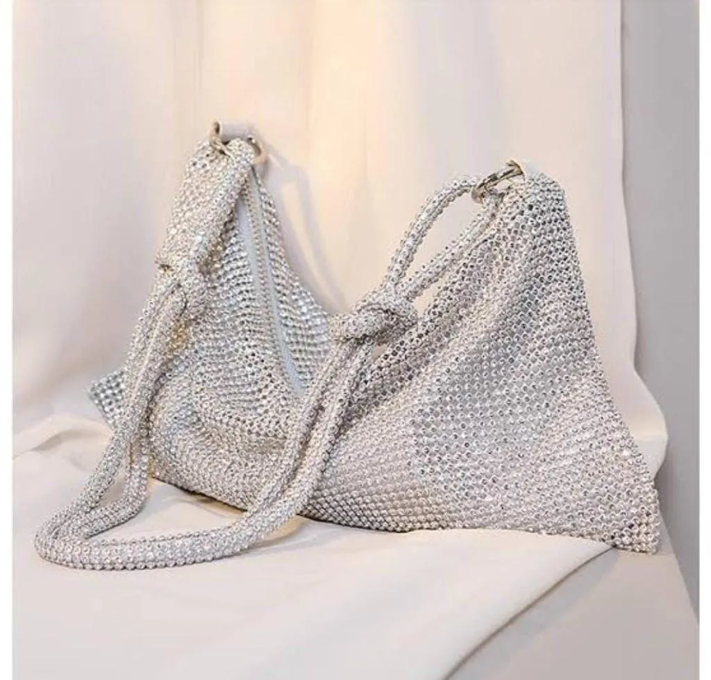 Silver Shiny Crystal Evening Clutch Bag