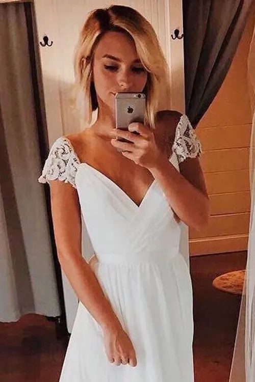 Simple A-line Chiffon Wedding Dresses Cap Sleeve V-neck Bohemian Beach Bridal Gowns,MW335
