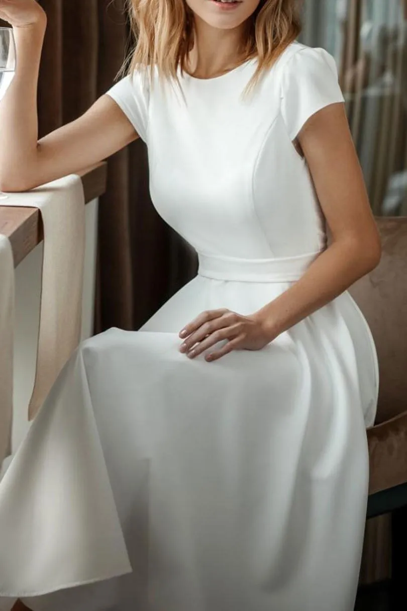 Simple Clean Tea Length Wedding Dress ET3014