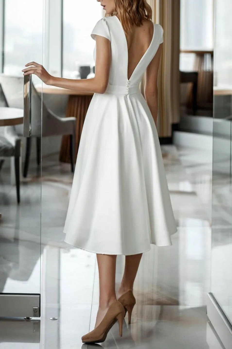 Simple Clean Tea Length Wedding Dress ET3014