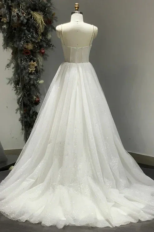 Spaghetti Straps Sparkly Bohemian Wedding Dress