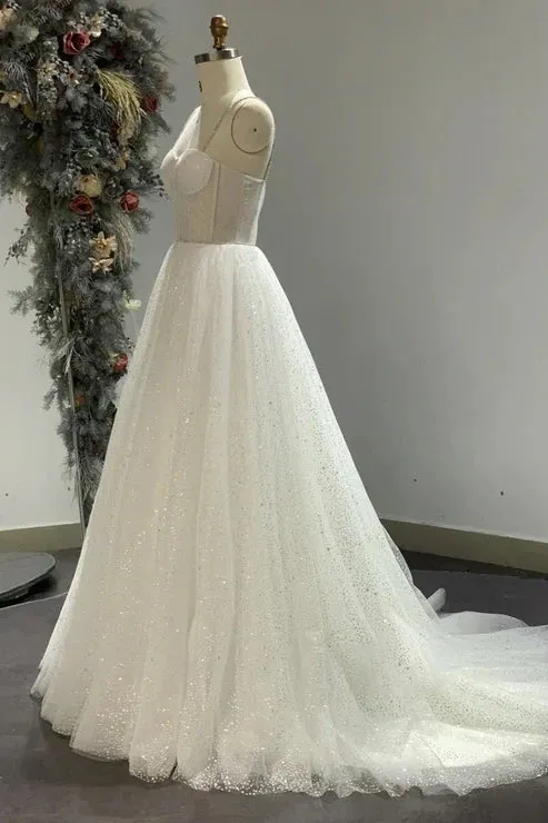 Spaghetti Straps Sparkly Bohemian Wedding Dress
