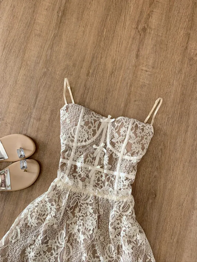 Spring Sleeveless Lace Dress Spaghetti Strap Slim Fit Floral Lace Party Dress Sexy Chic Casual Dress Outfit 2025
